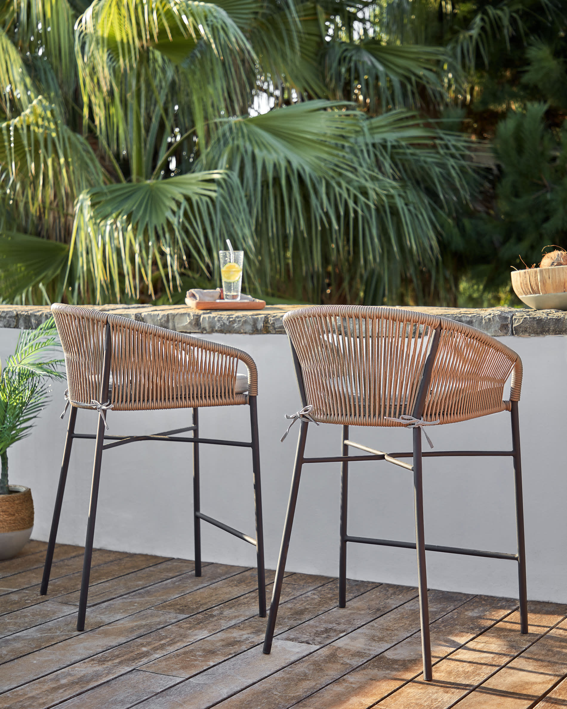 Yanet stool made from beige cord and galvanised steel, height 65 cm