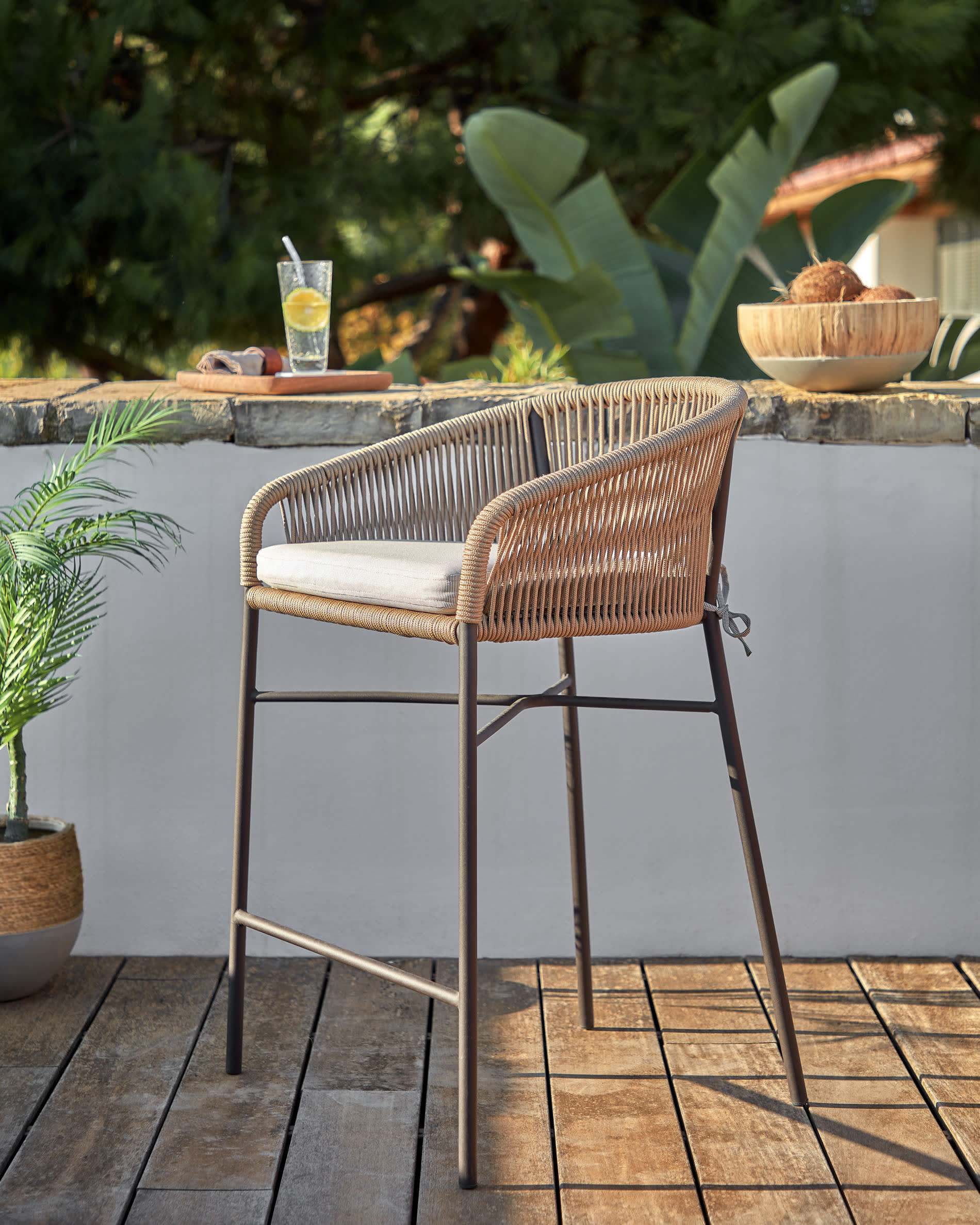 Yanet stool made from beige cord and galvanised steel, height 65 cm