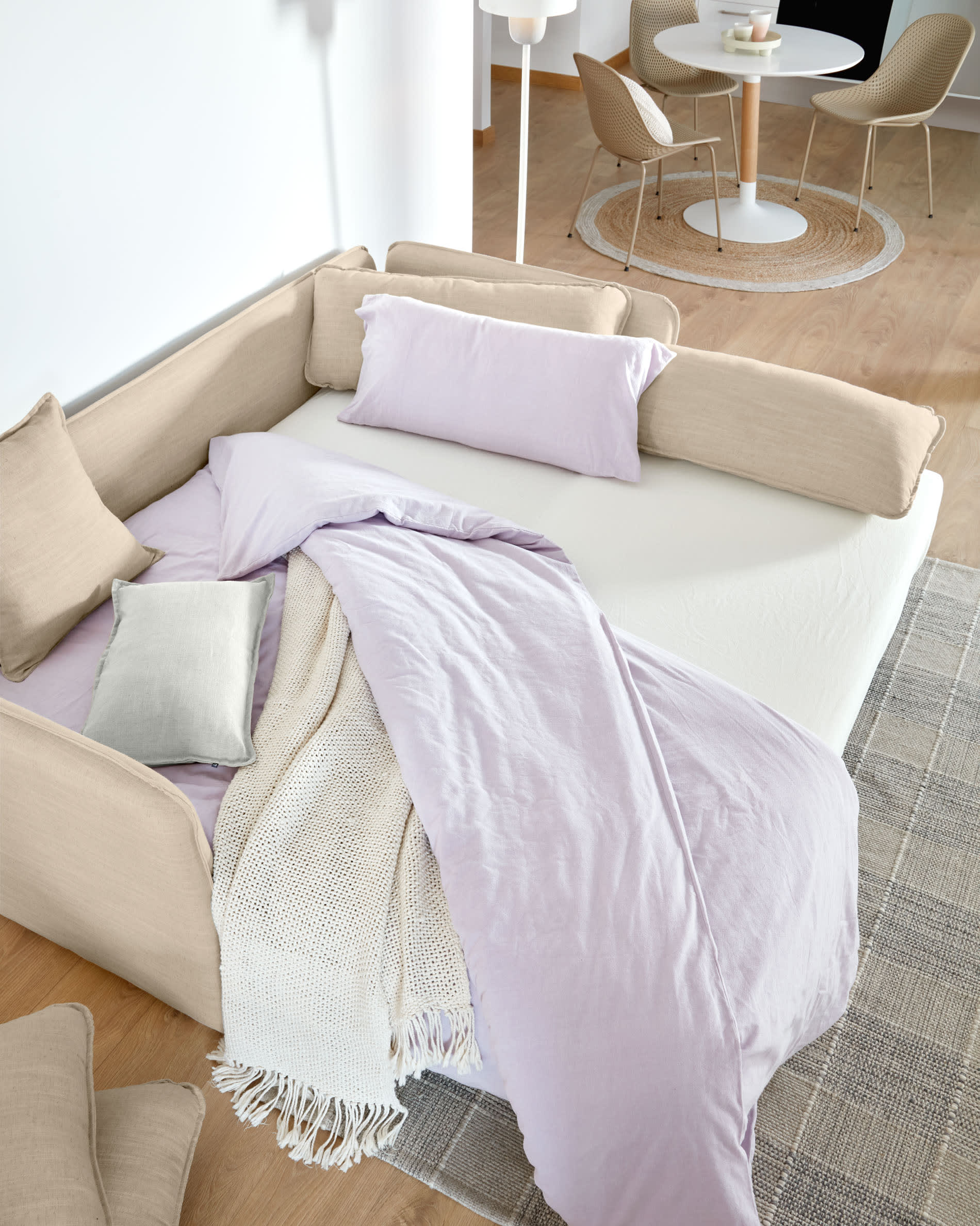 Tanit sofa bed in beige with natural finish solid beech wood legs, 210 cm FSC Mix Credit