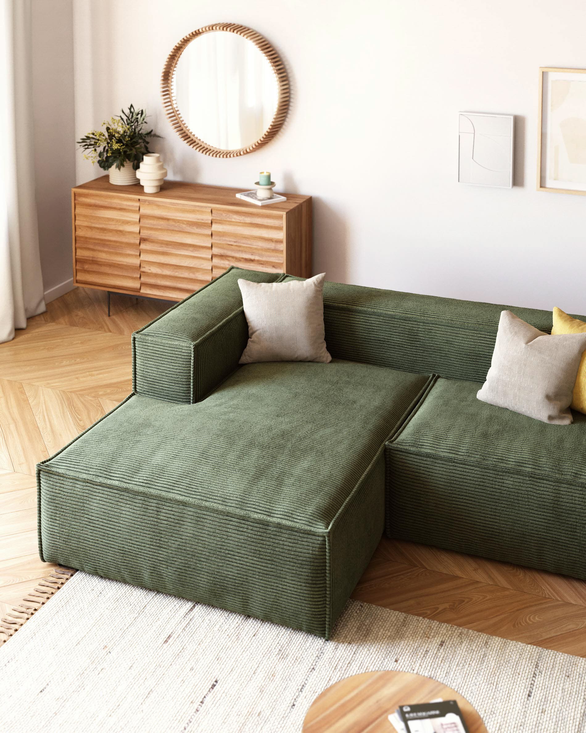 Blok fire-retardant footrest in thick green corduroy 90 x 74cm FSC Mix Credit