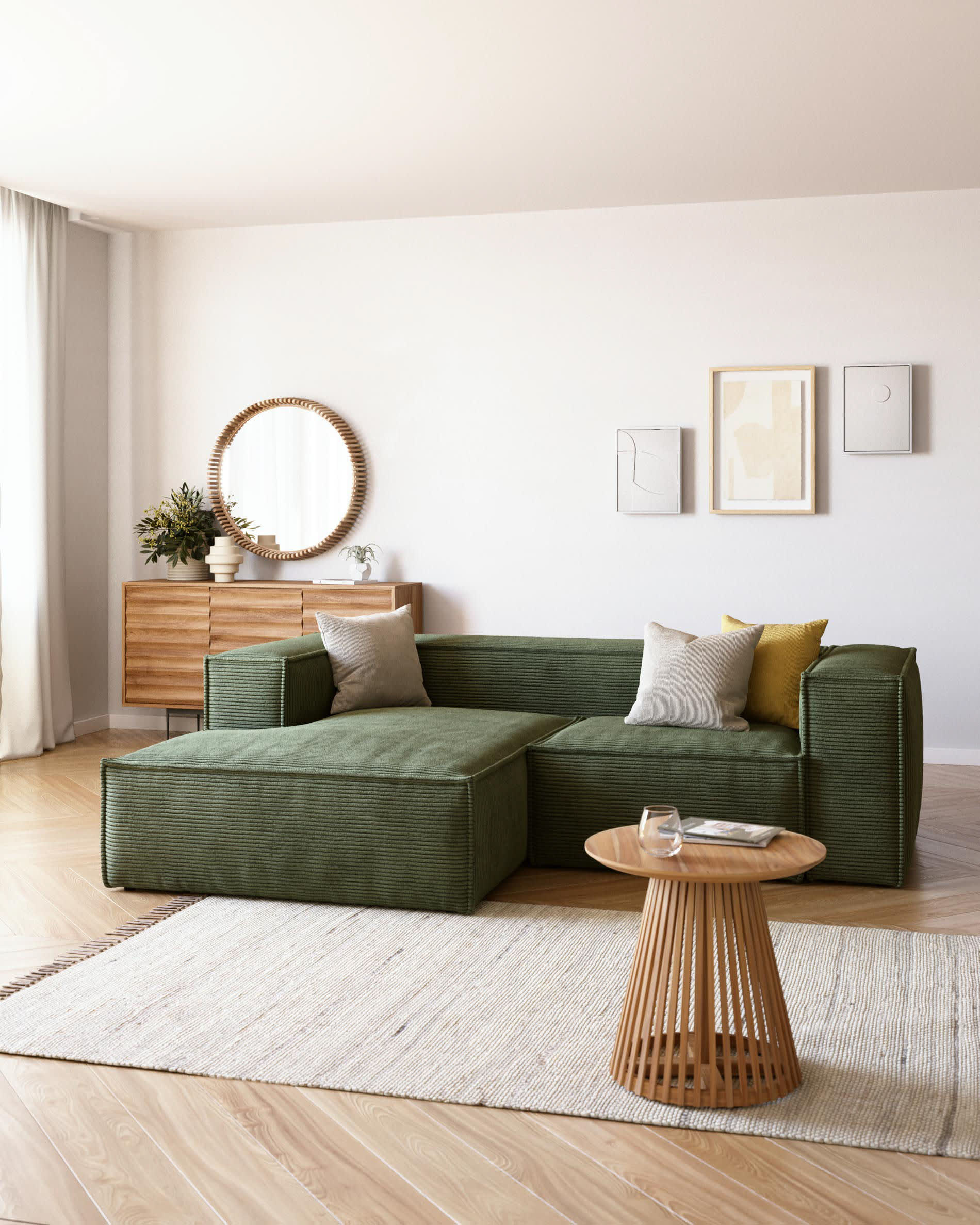 Blok fire-retardant 2-seater sofa with left chaise longue in thick green corduroy 240cm FSC Mix Credit