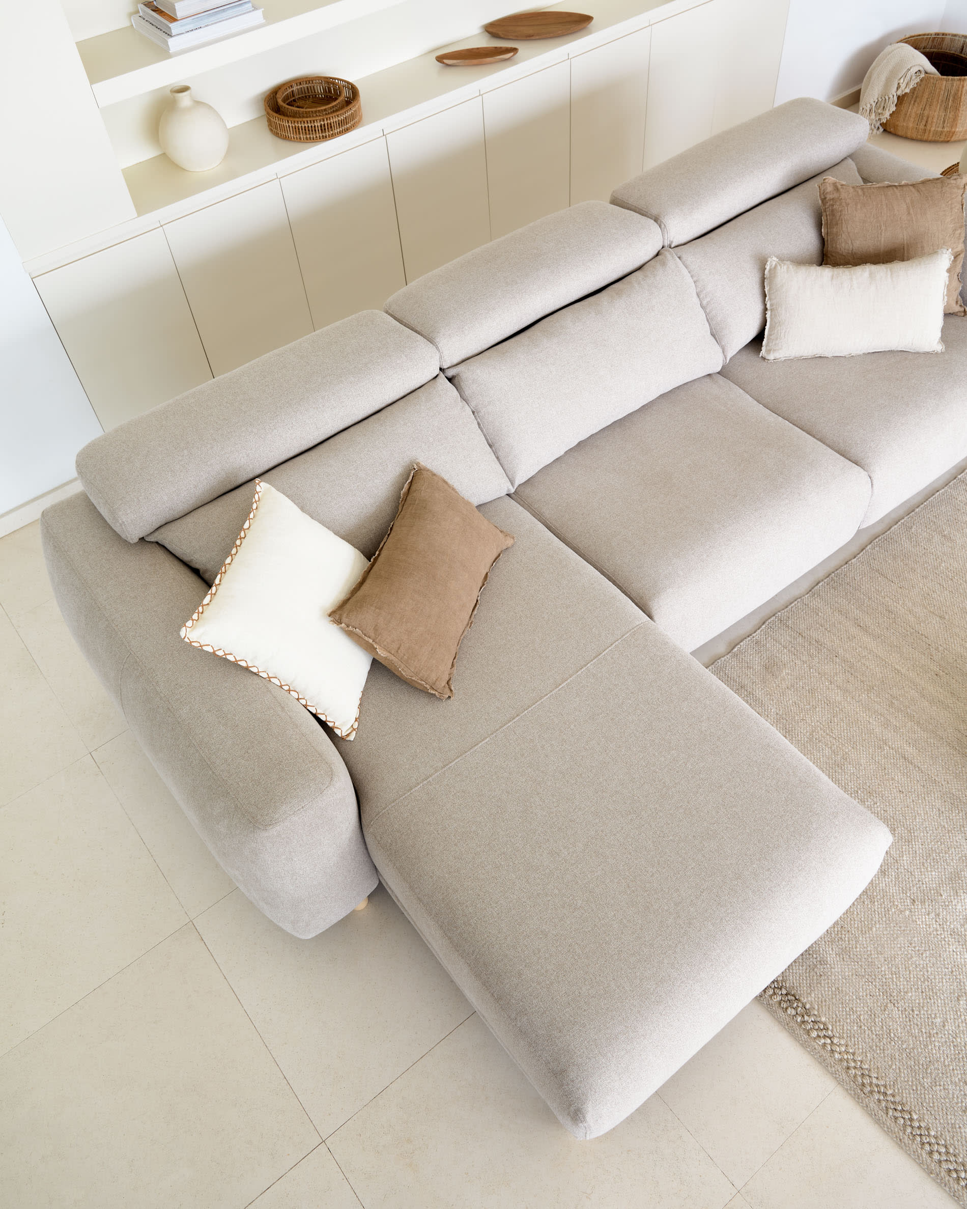 Singa 3 seater sofa with left-hand chaise longue, reclining headrest and extendable seat in beige 296 cm FSC Mix Credit