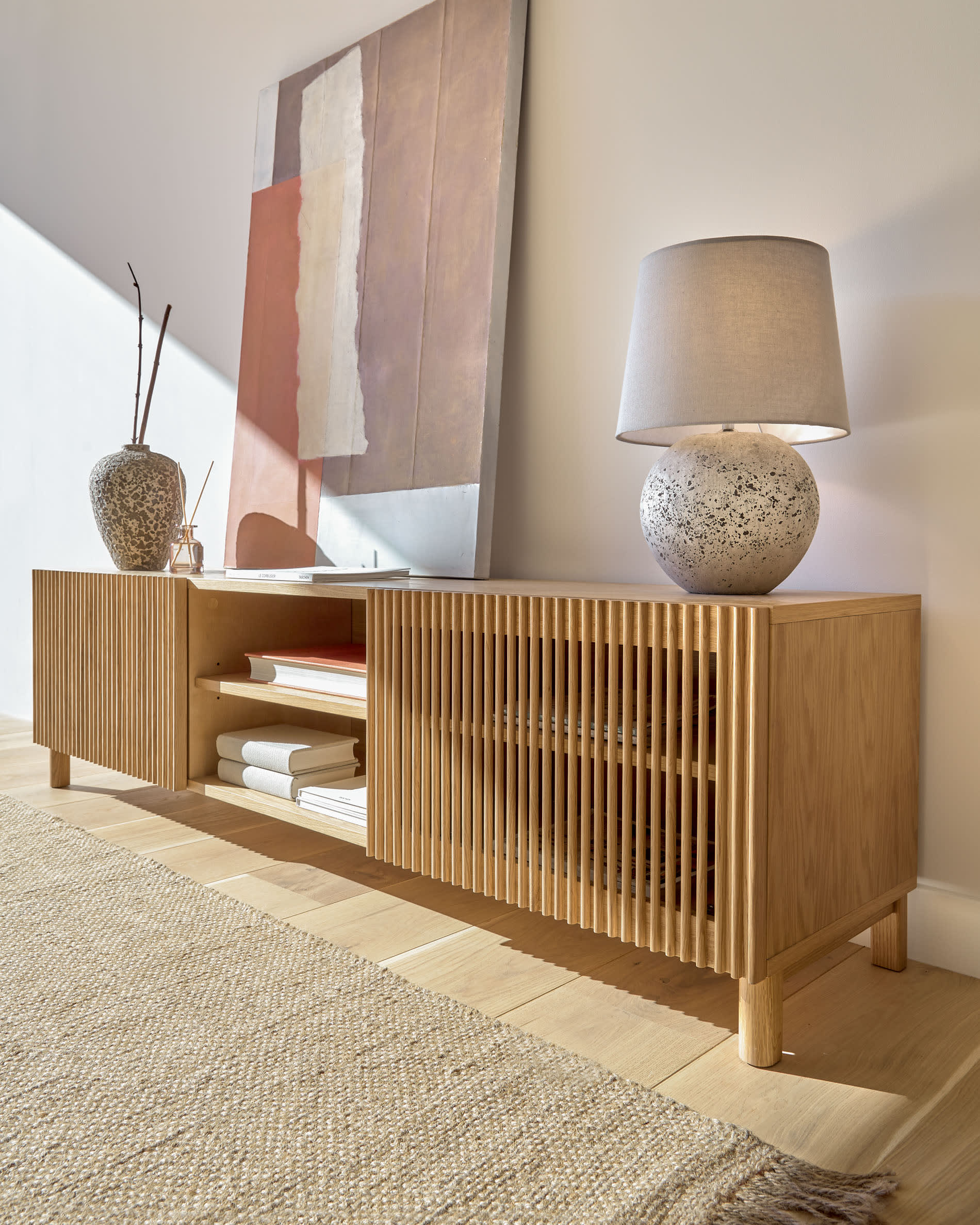 Beyla 2-door TV stand in solid ash wood and oak veneer 180 x 49.5 cm FSC 100%
