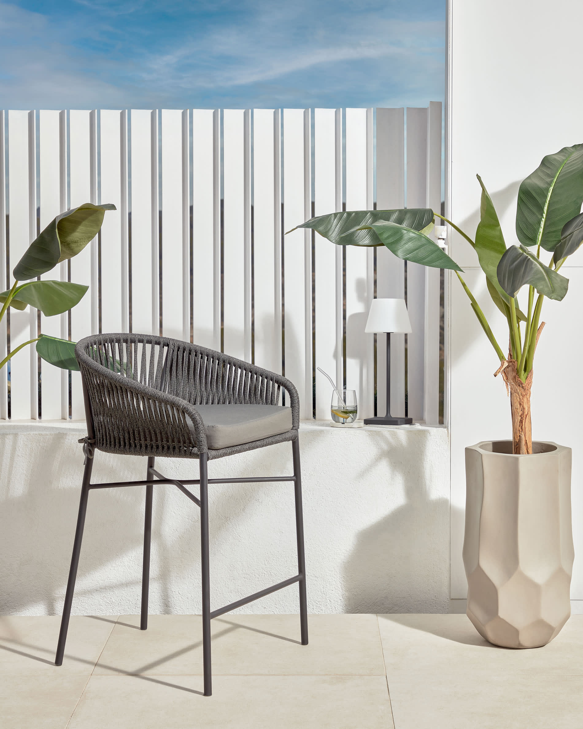 Yanet stool made from black cord and galvanised steel, height 65 cm