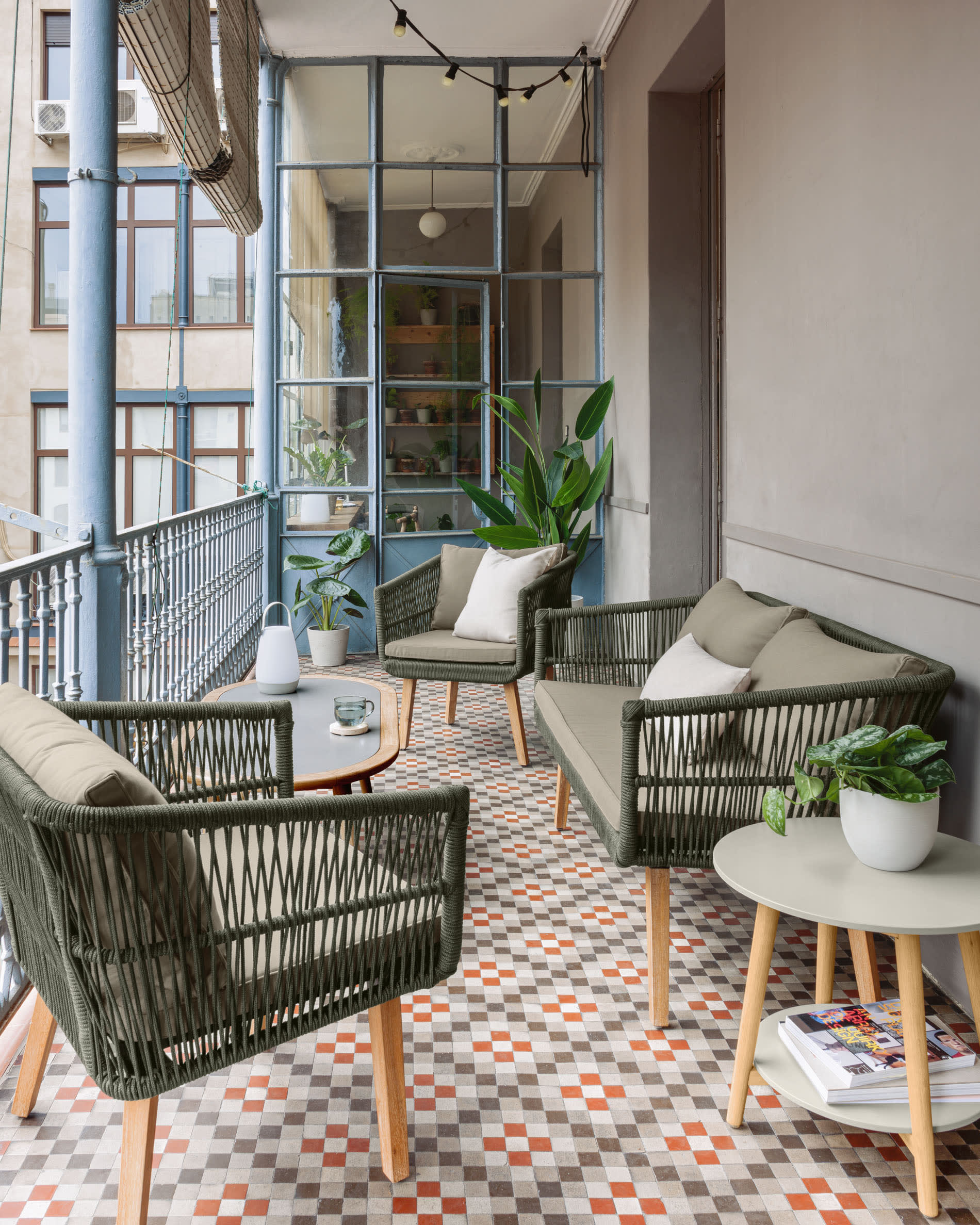 Ensemble de jardin Inti d’un canapé 2 places et 2 fauteuils en corde verte — Kave Home