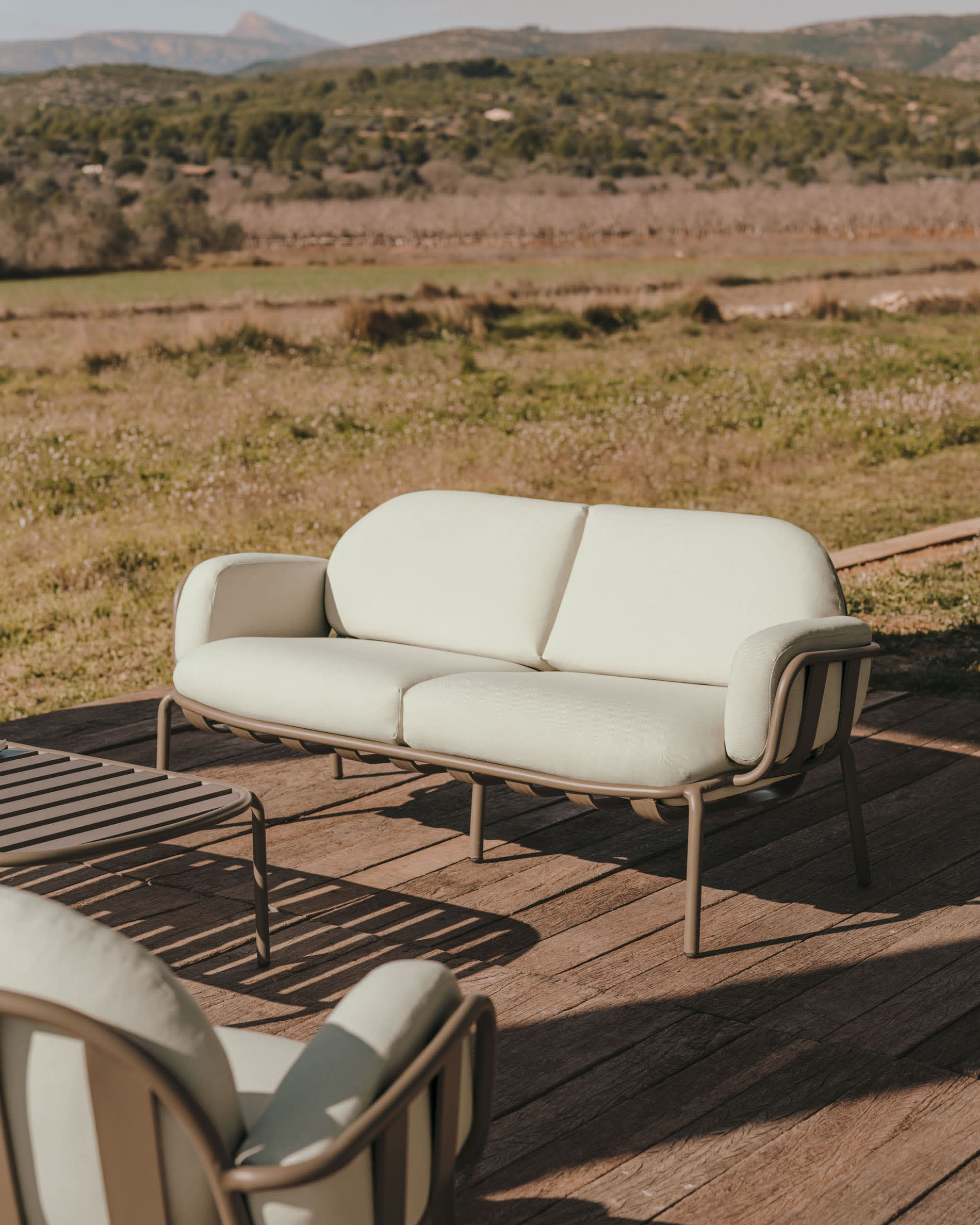 Joncols outdoor 2-seater sofa in aluminium with grey painted finish and grey cushions 164cm