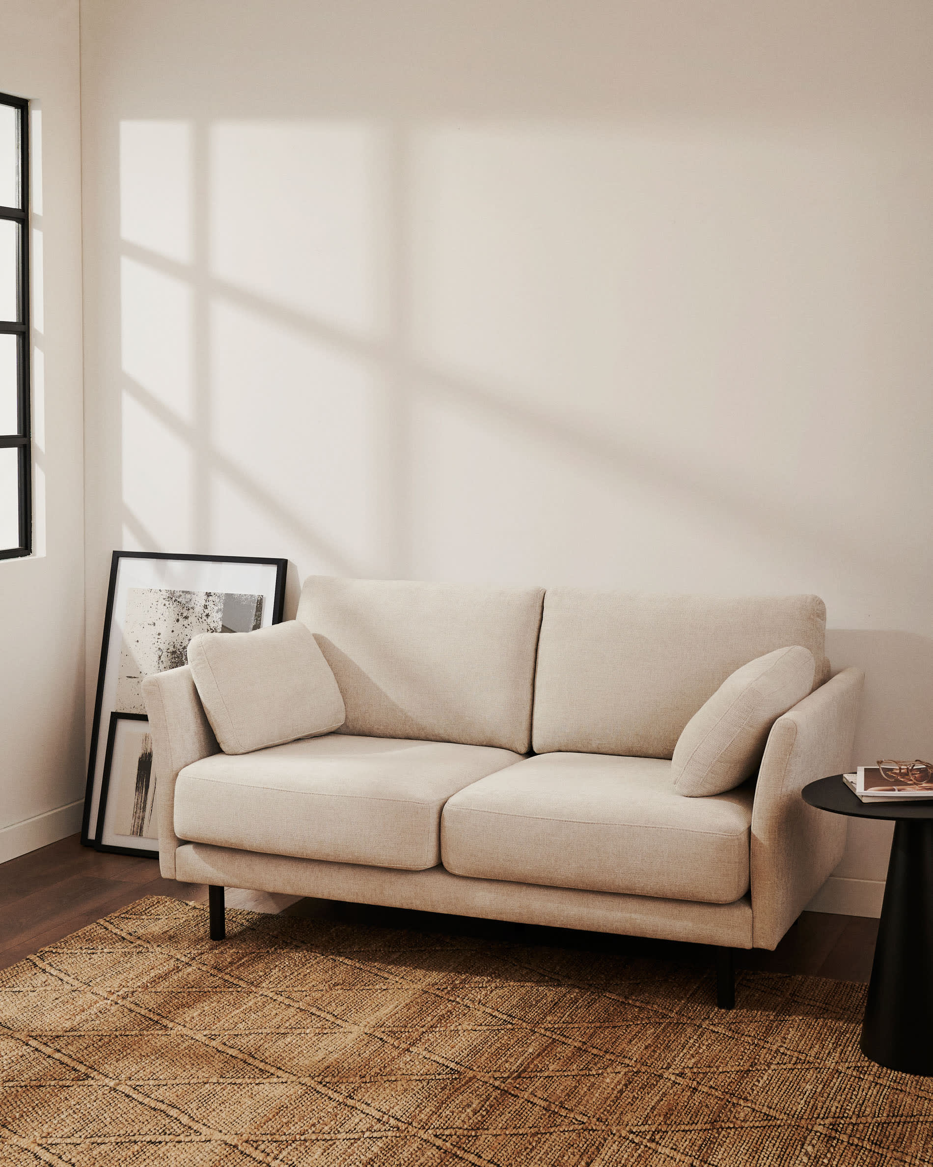 Gilma fire-retardant 2-seater sofa in beige chenille with black-finish legs 170cm