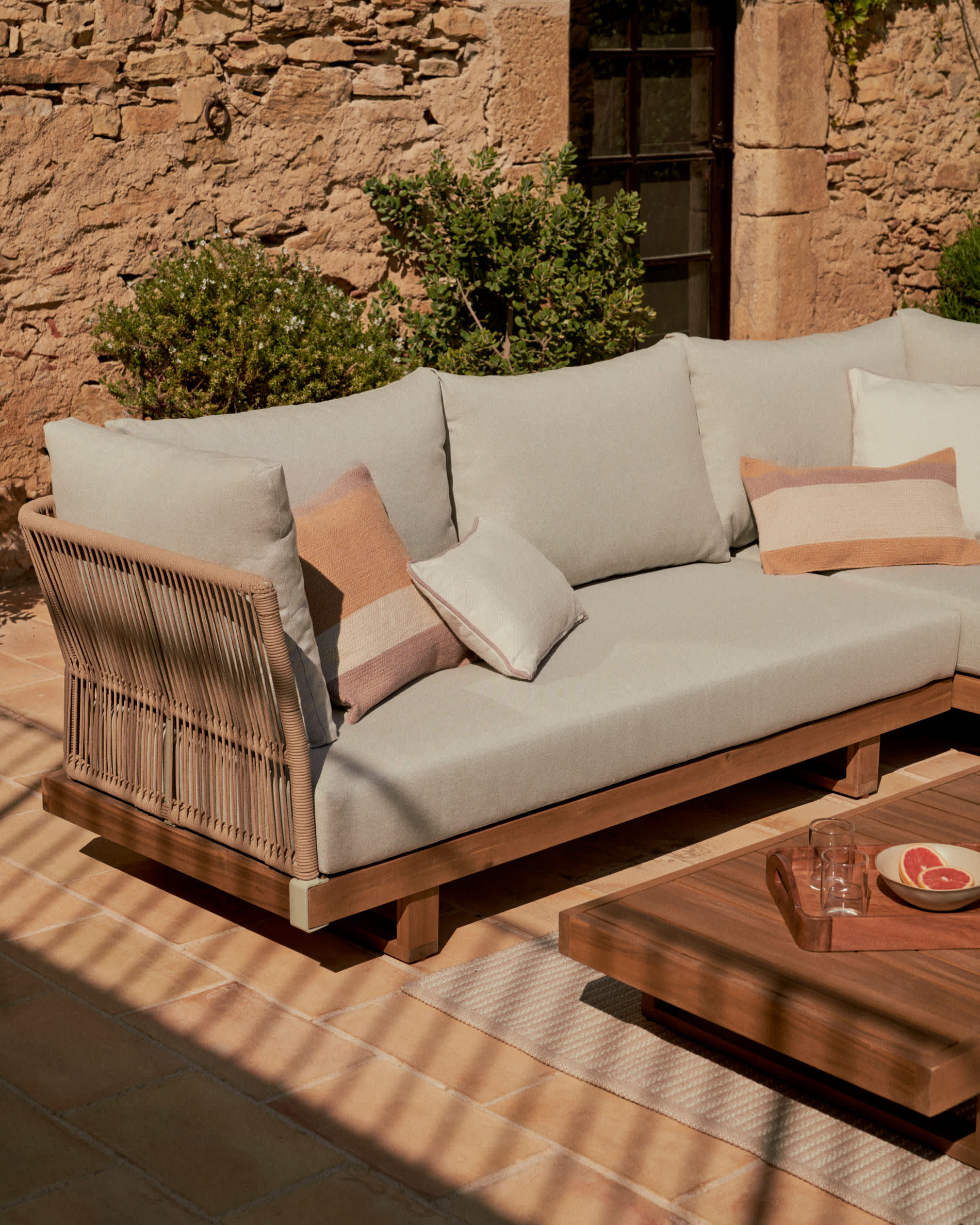 Raco 5 seater corner sofa and coffee table, made from solid acacia wood
