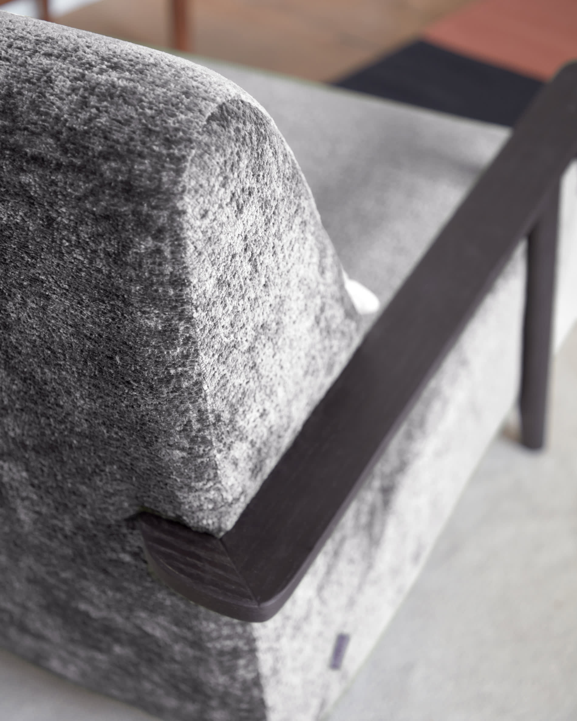 Meghan armchair in grey chenille and wood with wenge finish