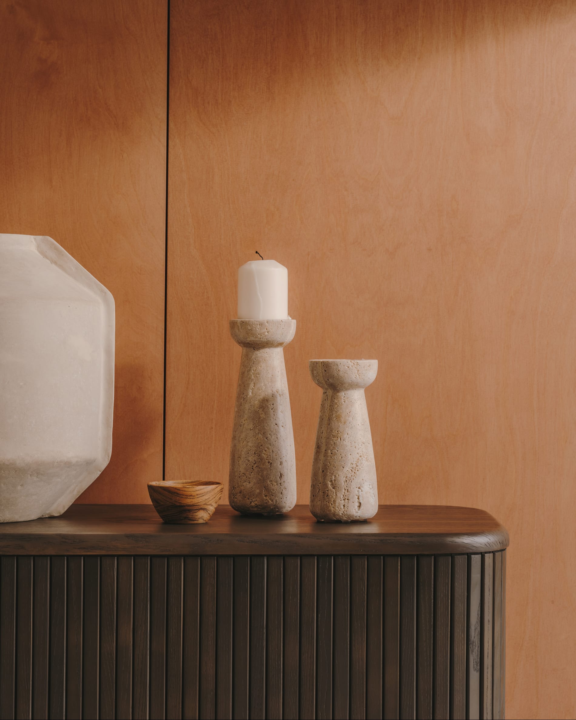 Magan large beige travertine candle holder