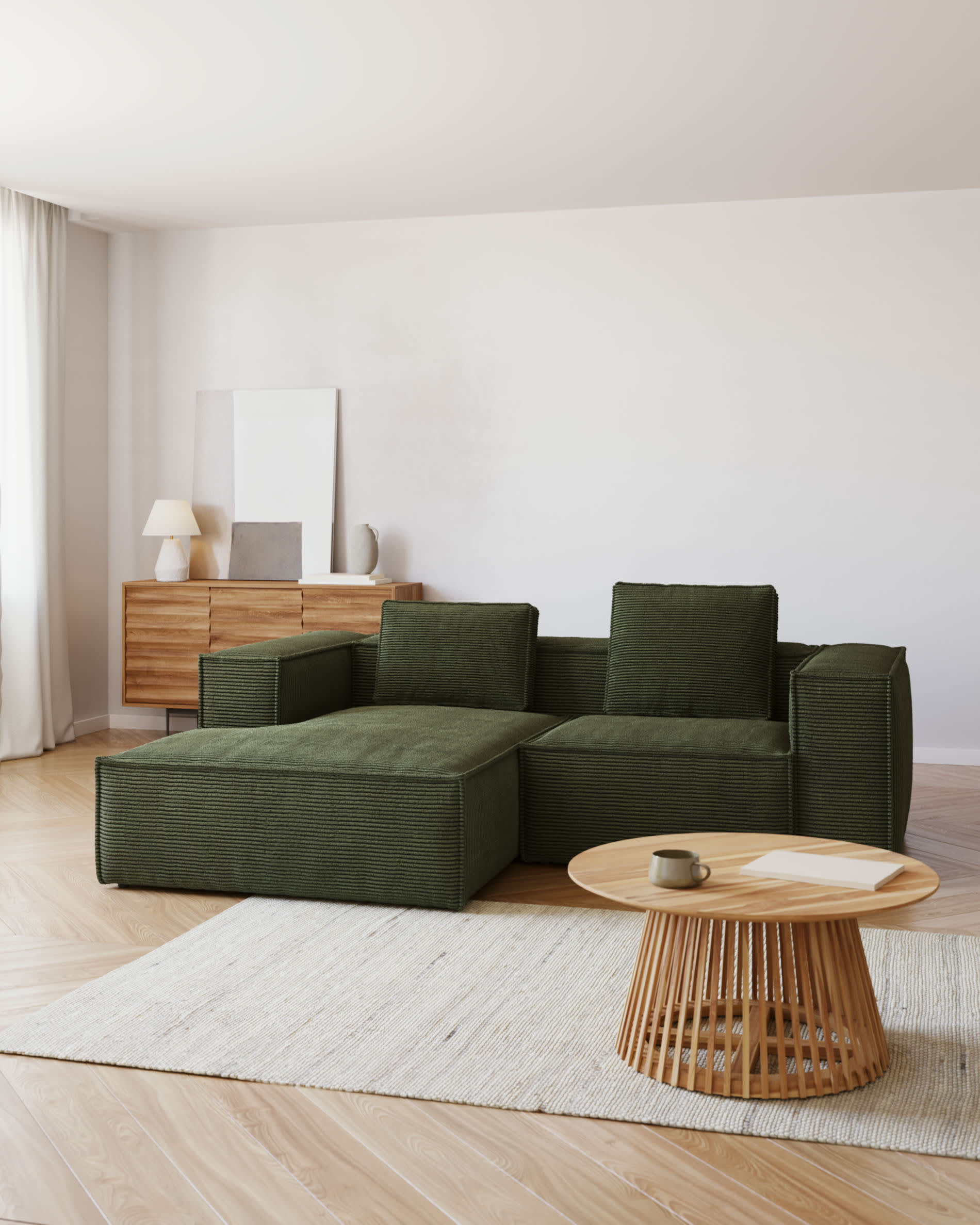 Blok fire-retardant 2-seater sofa with left chaise longue in thick green corduroy 240cm FSC Mix Credit