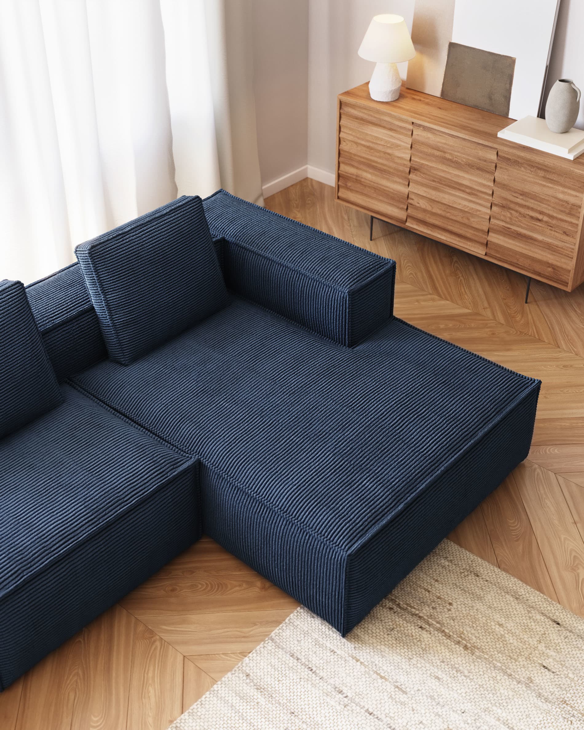 Blok 2 seater sofa with right side chaise longue in dark blue, 240 cm FR