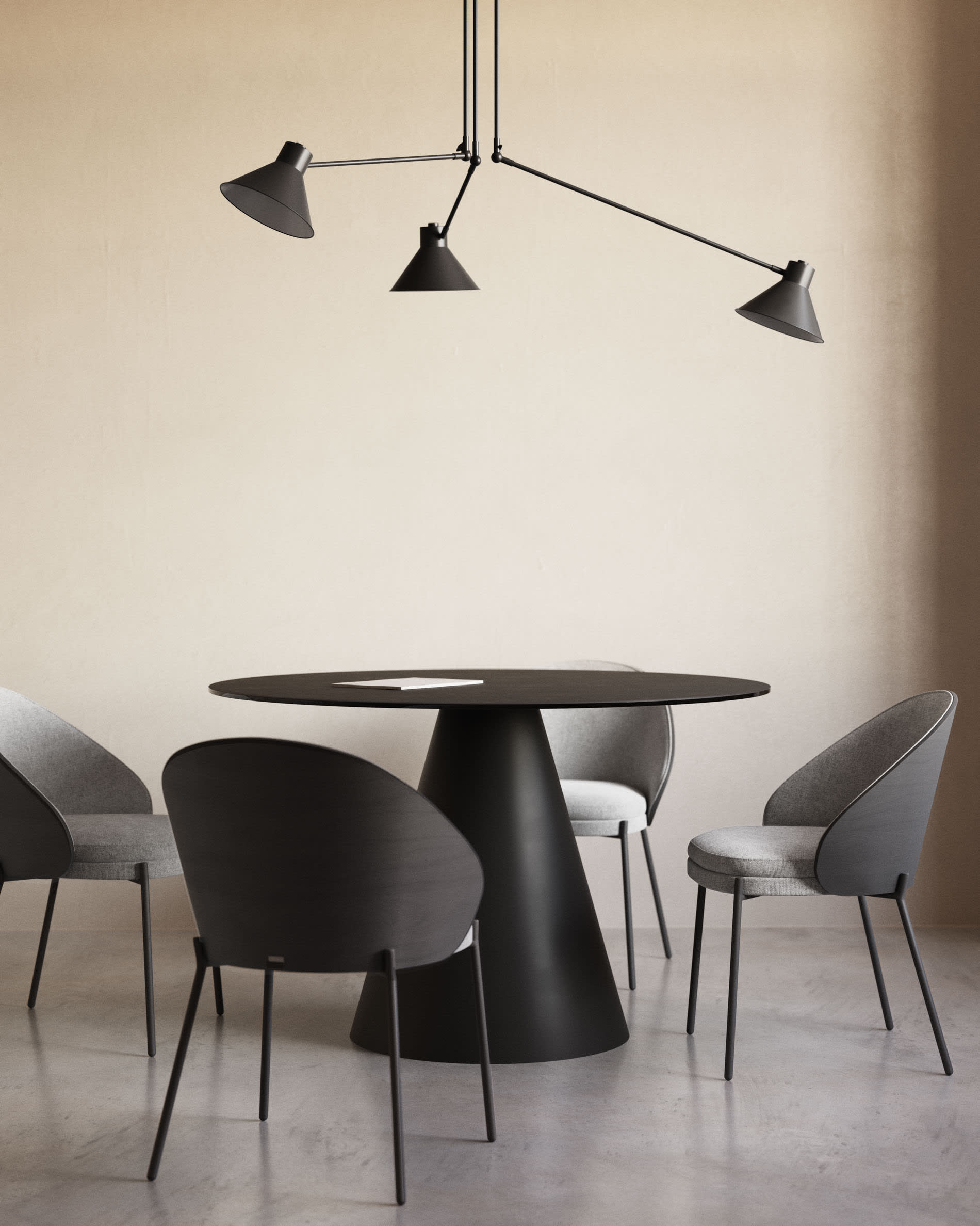 Eamy chair light grey chenilla and ash wood veneer with a black finish and black metal