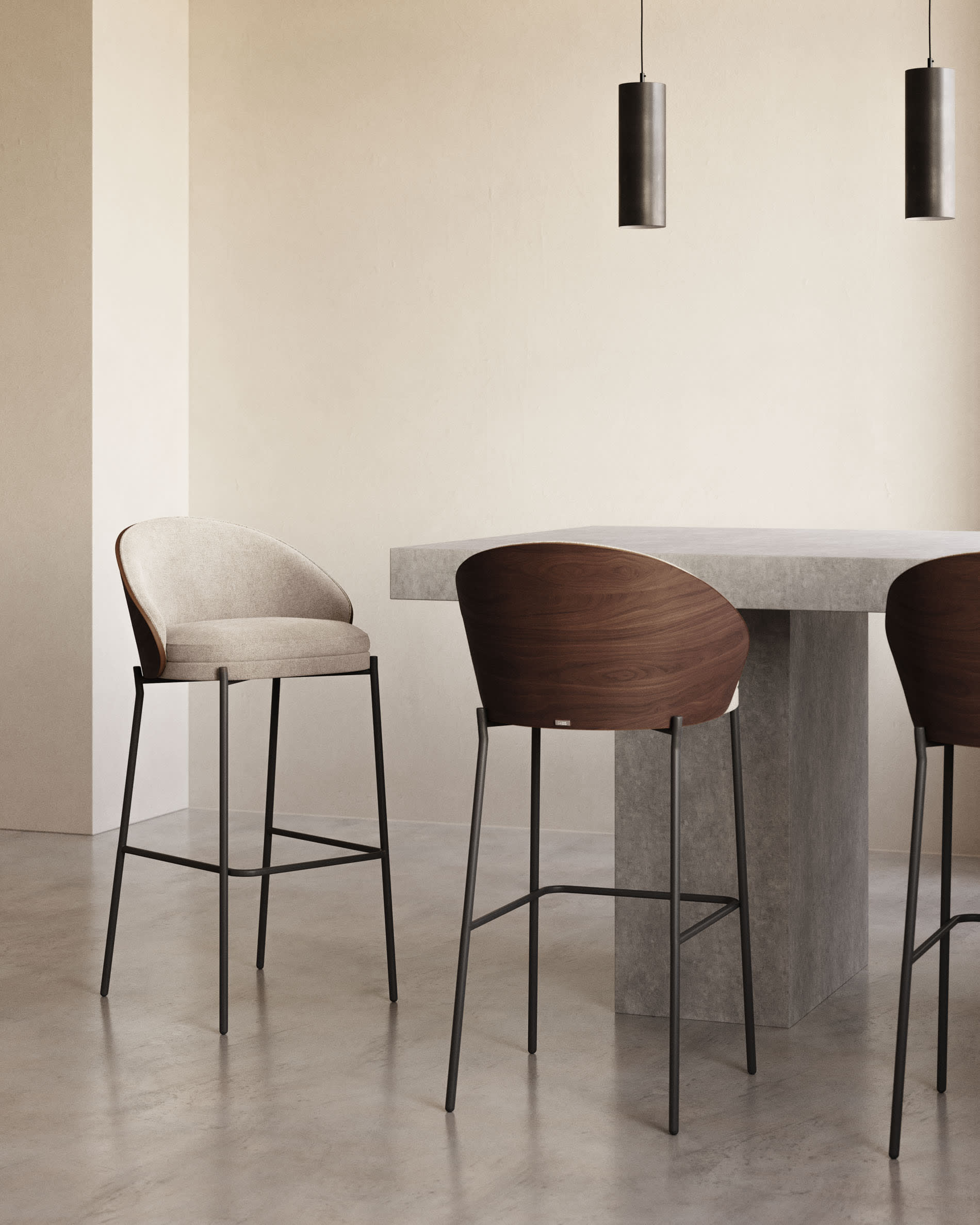 Eamy stool in light brown chenille with ash veneer in walnut finish and black metal 65 cm