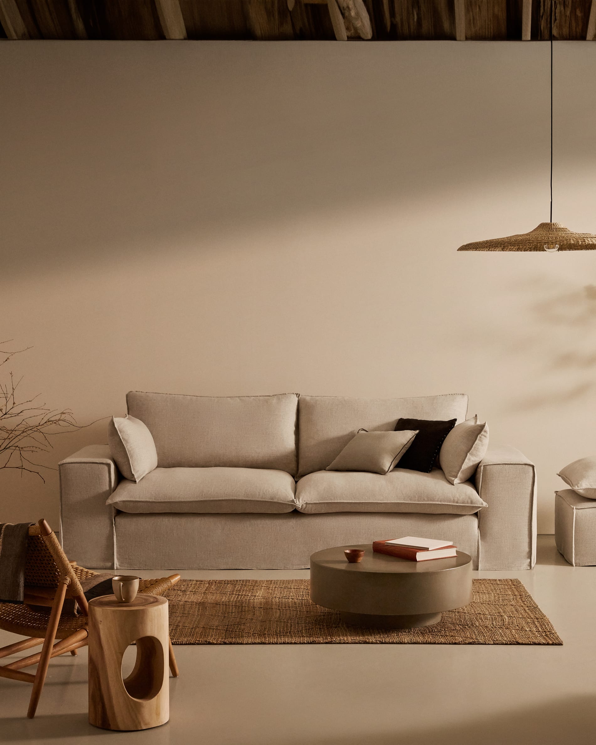 Anarela removable-cover footstool with beige linen cushion FSC Mix Credit 80 x 80 cm.