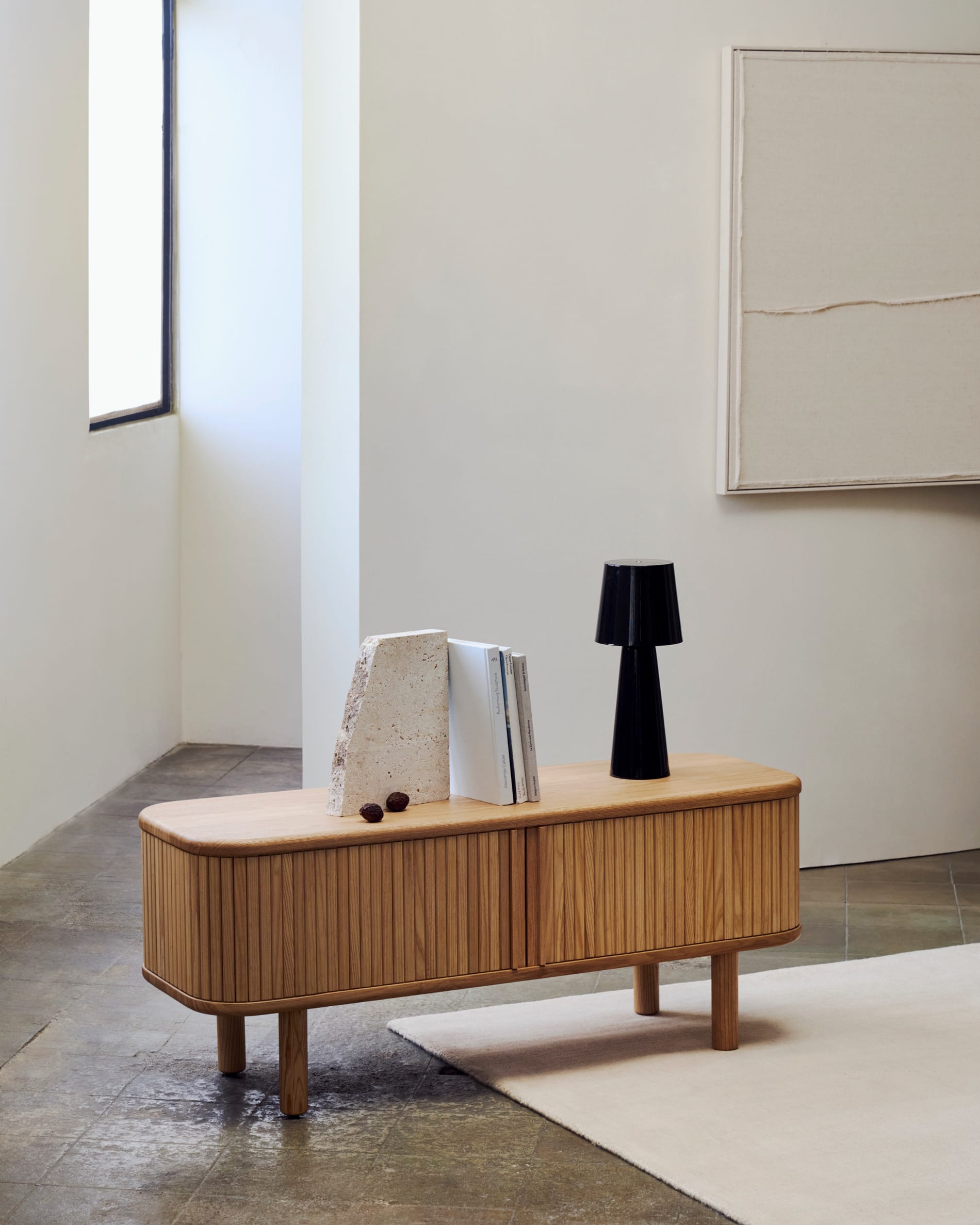Mailen 2 door TV stand in ash veneer with a natural finish 120 x 50 cm