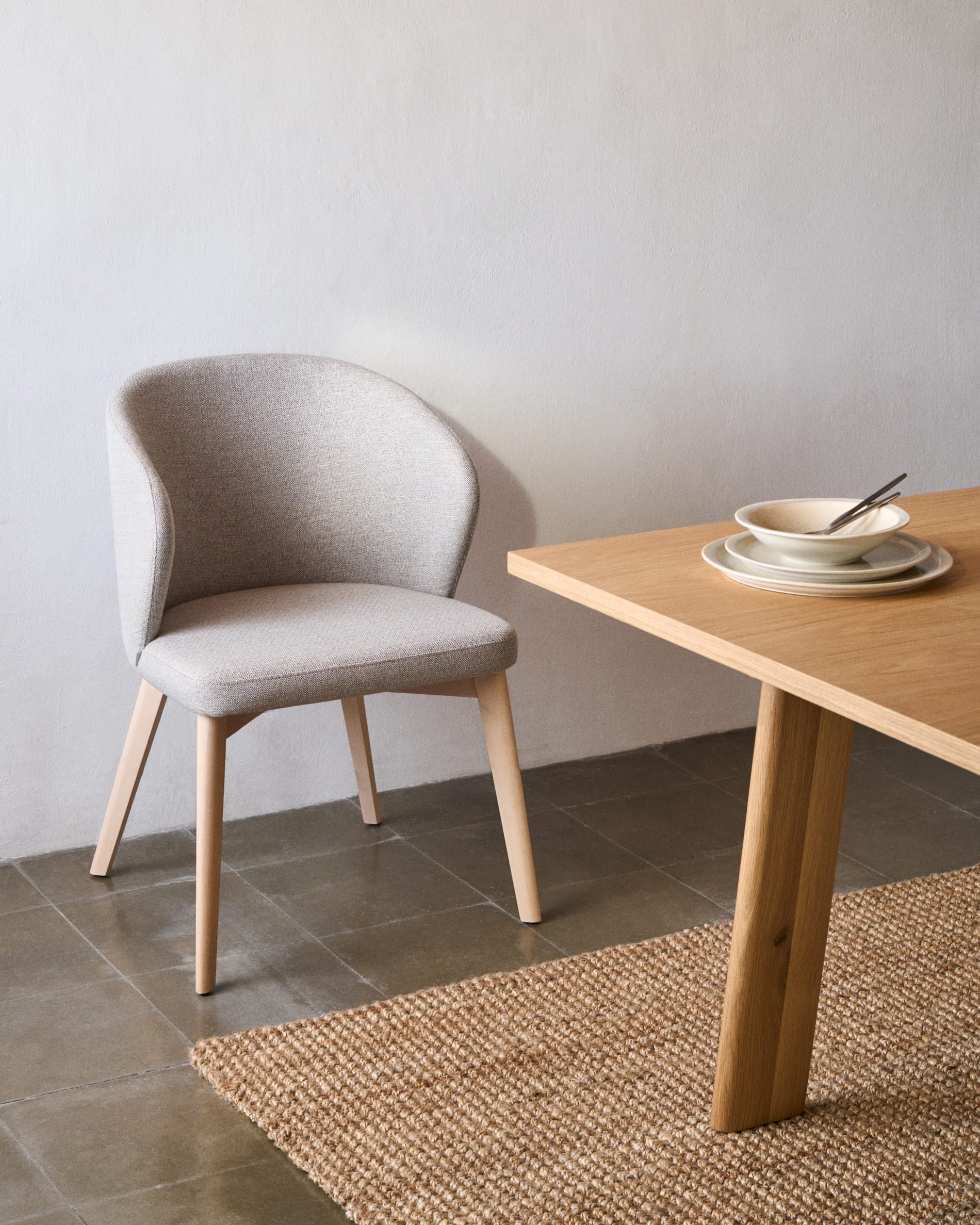 Darice chair in brown chenille and solid beech wood in a natural finish FSC 100%