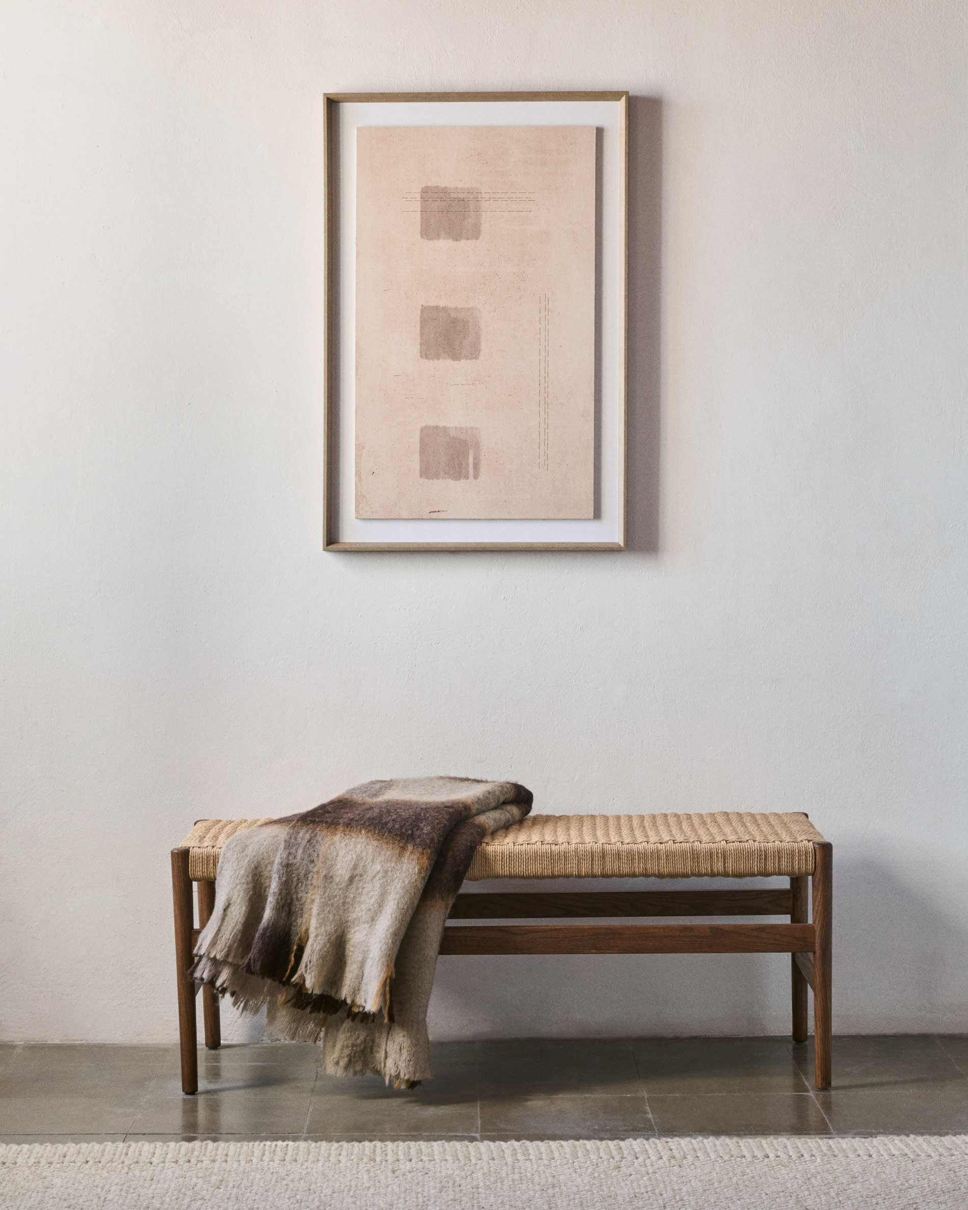 Zaide bench in solid oak wood with walnut finish and rope seat, 120 cm, FSC Mix Credit
