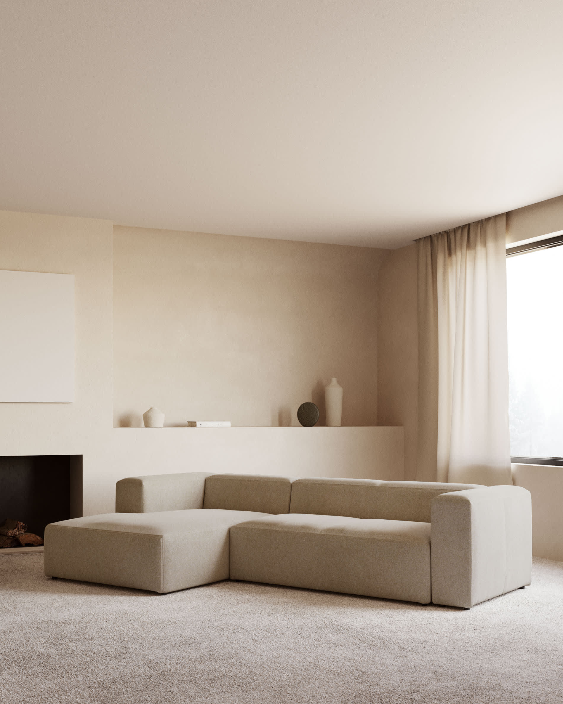 Blok fire-retardant 4-seater sofa with left chaise longue in beige chenille 330cm