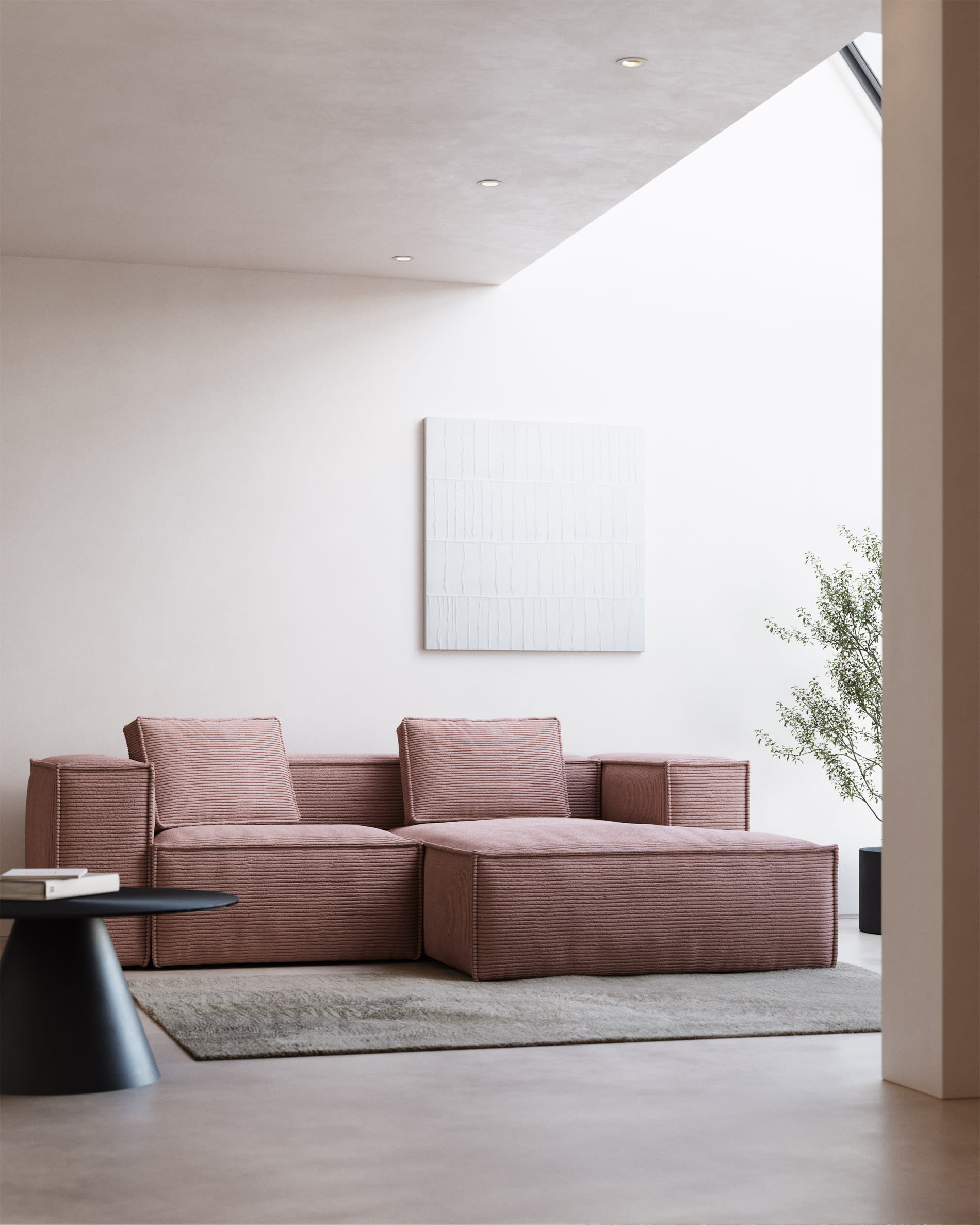 Blok fire-retardant 2-seater sofa with right chaise longue in thick pink corduroy 240cm FSC Mix Credit
