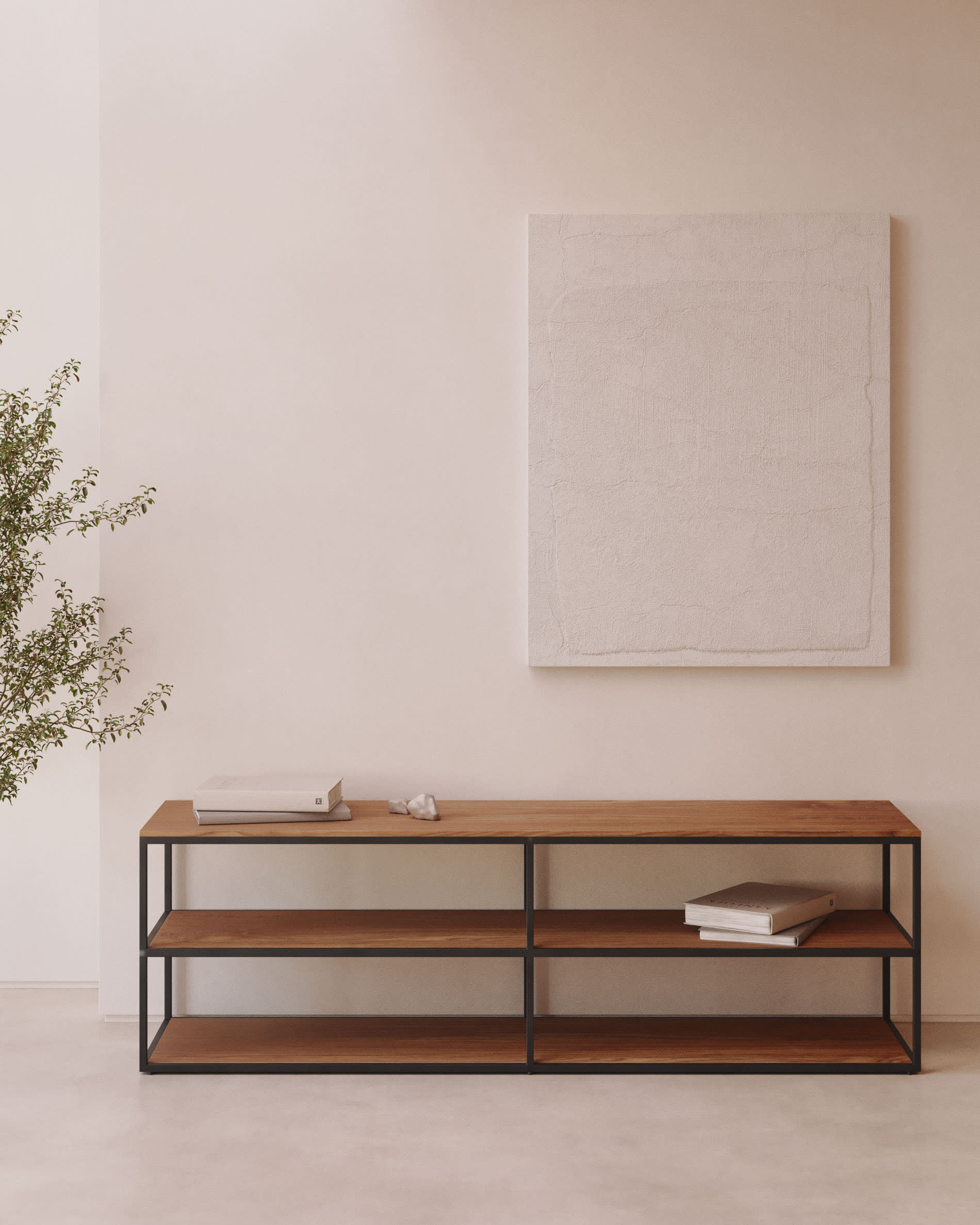 Yoana TV stand with a walnut veneer and painted black metal structure, 160 x 40 cm