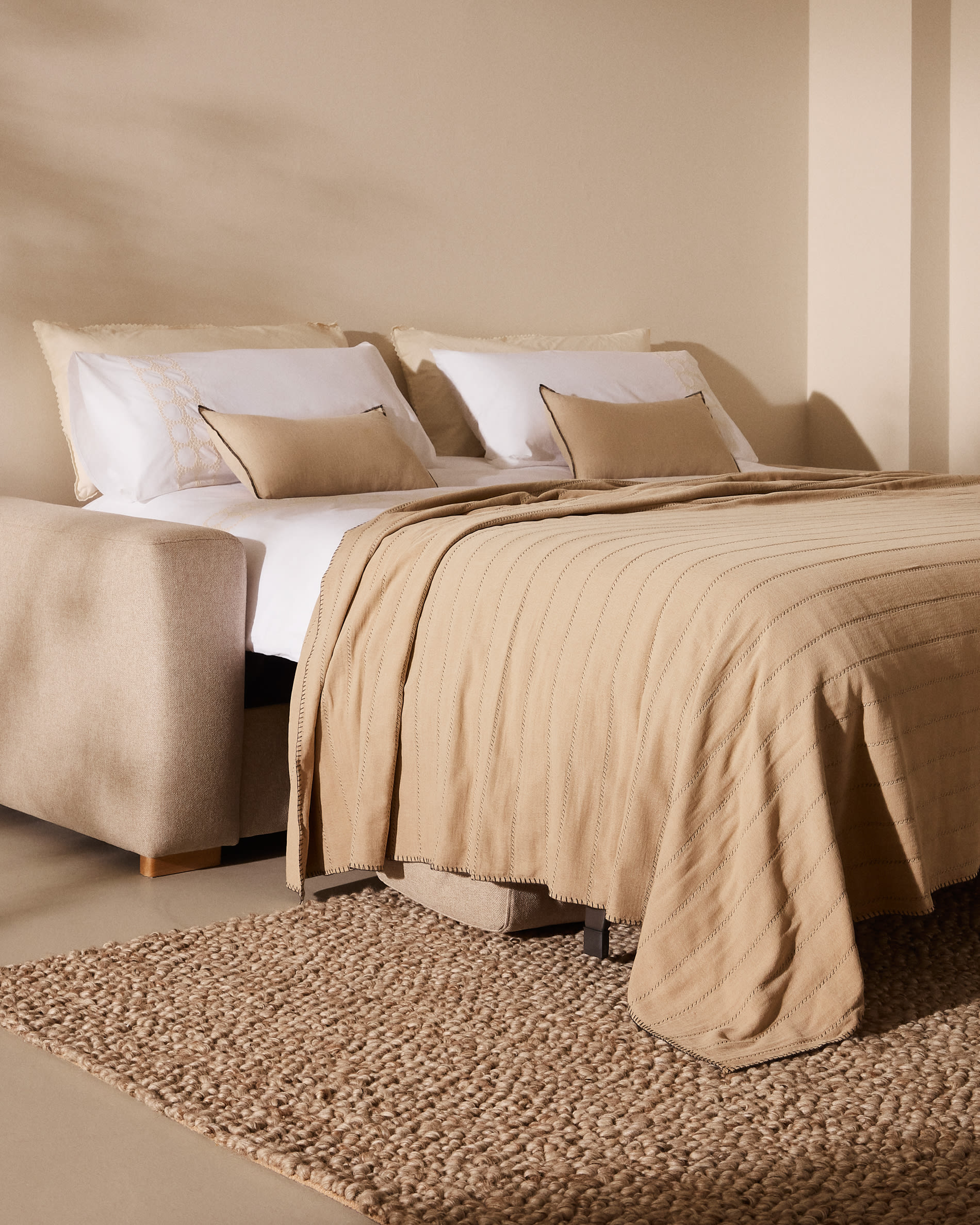 Anley beige 2-seater sofa bed with solid beech wood legs 204cm FSC Mix Credit