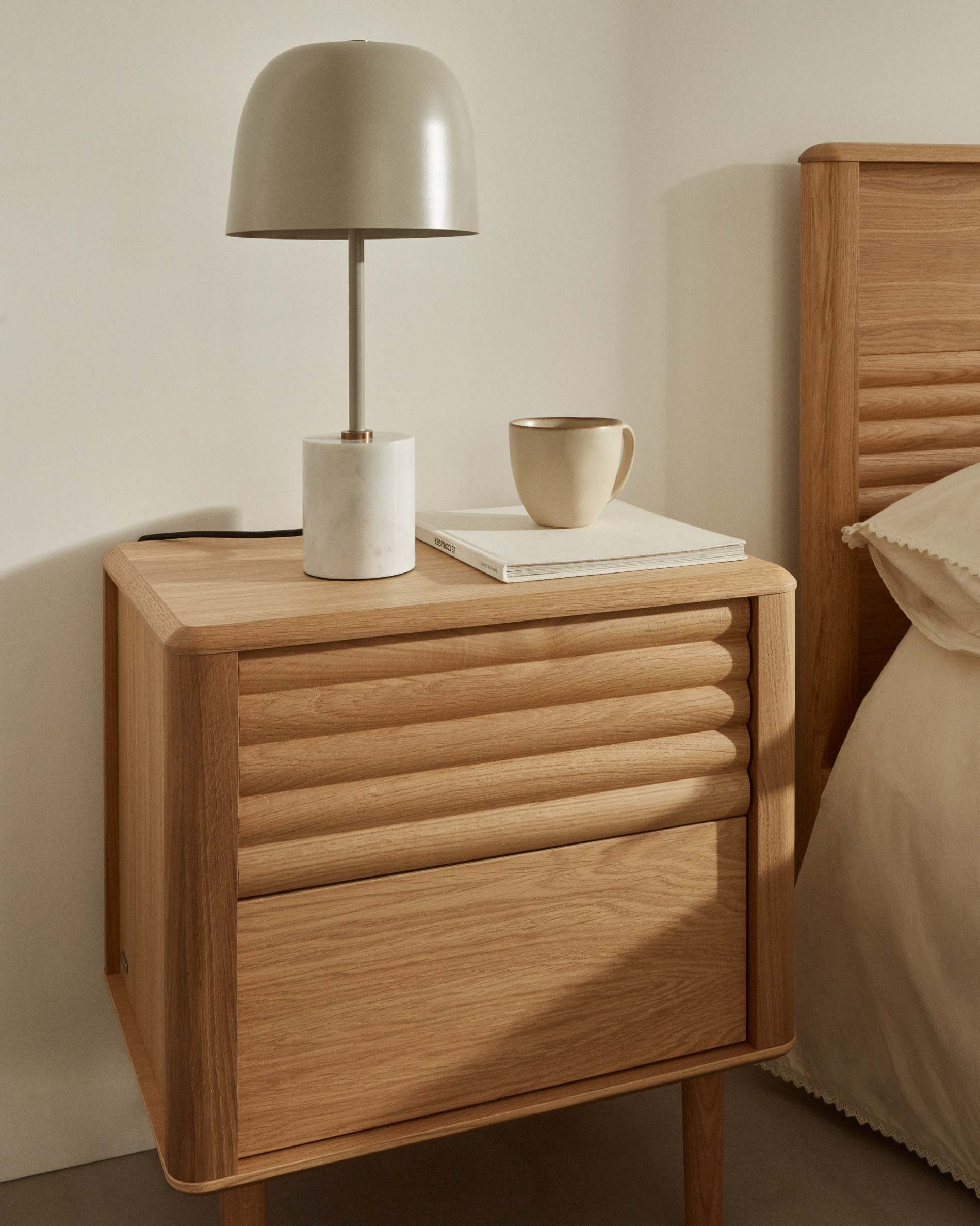 Lenon oak wood and veneer bedside table with 2 drawers, 50 x 55 cm FSC MIX Credit