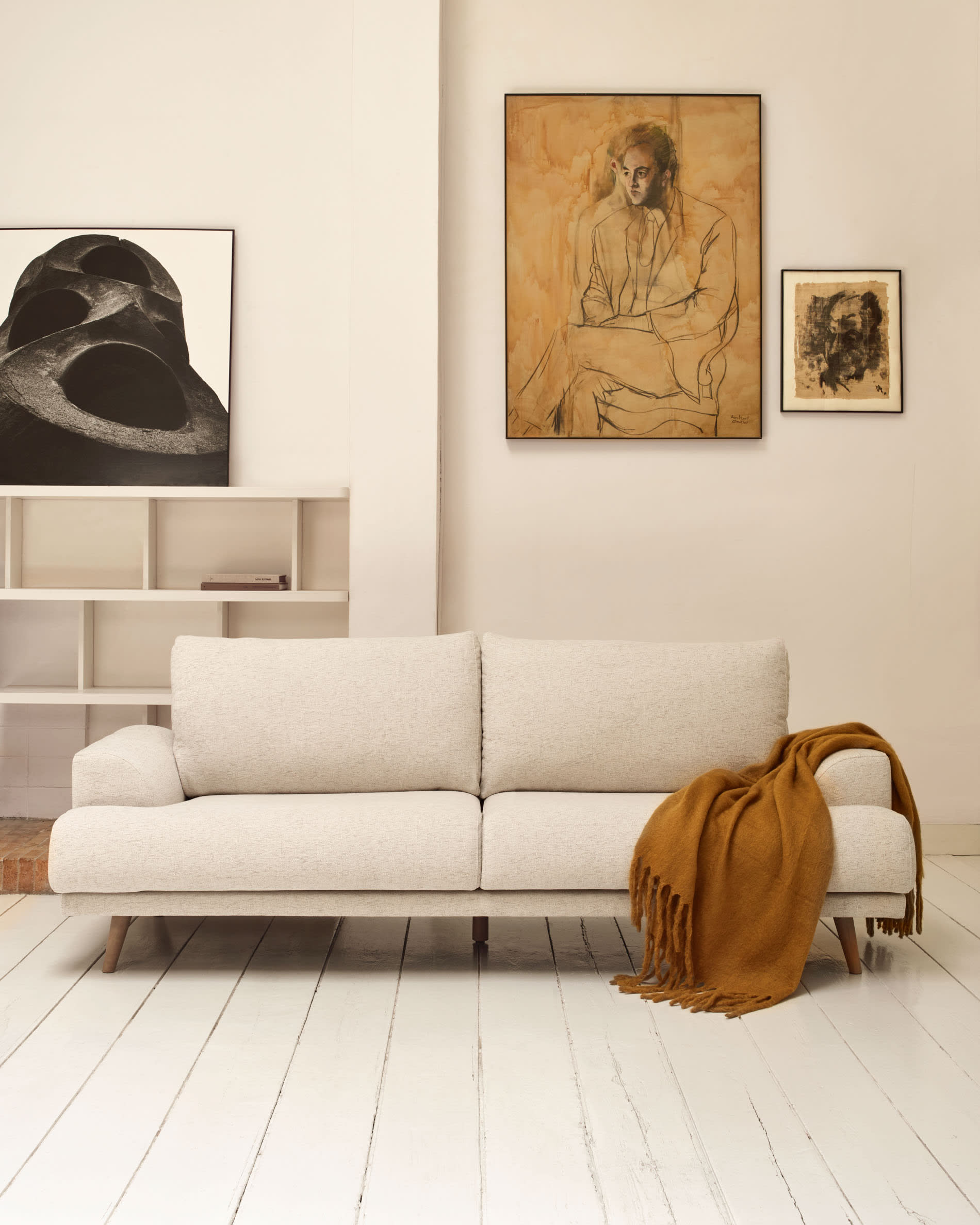 Karin 3-seater sofa in beige chenille with solid beech wood legs in natural colour finish 228 cm