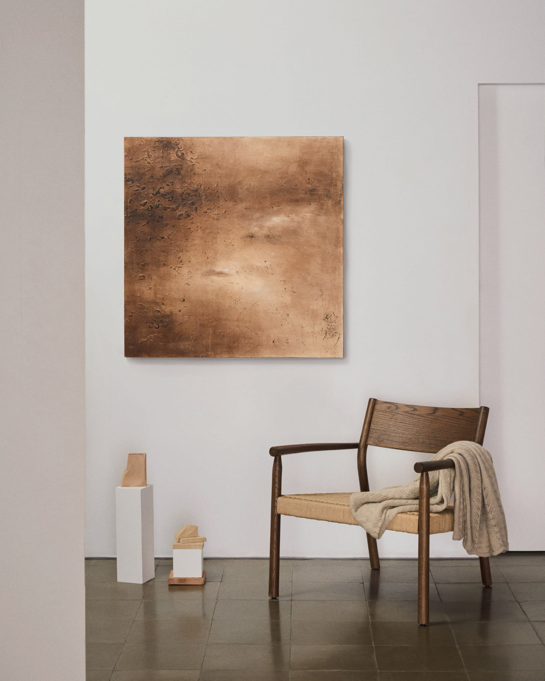Yalia armchair in solid oak wood with walnut finish and paper rope seat FSC Mix Credit