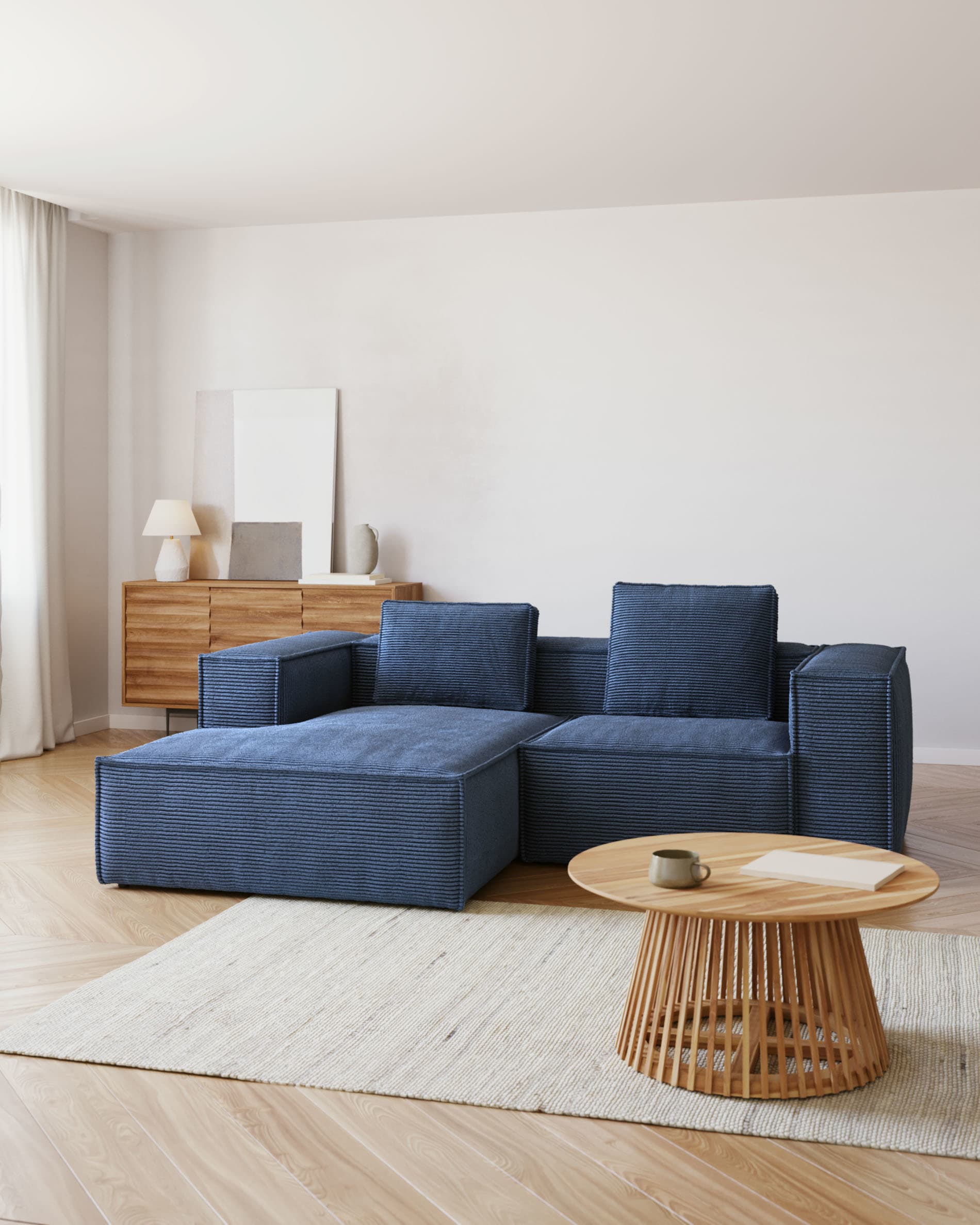 Blok fire-retardant footrest in thick blue corduroy 90 x 74cm FSC Mix Credit