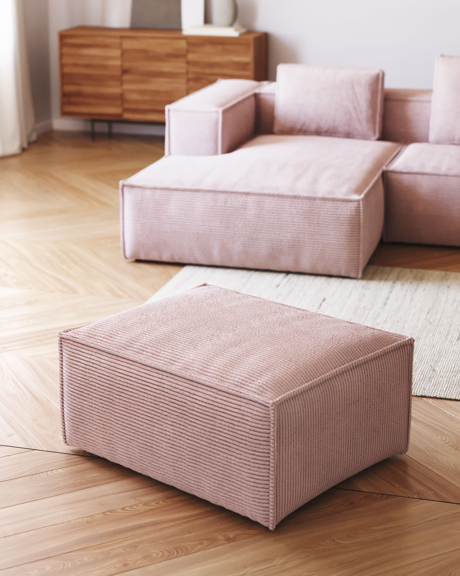 Blok fire-retardant footrest in thick pink corduroy 90 x 74cm