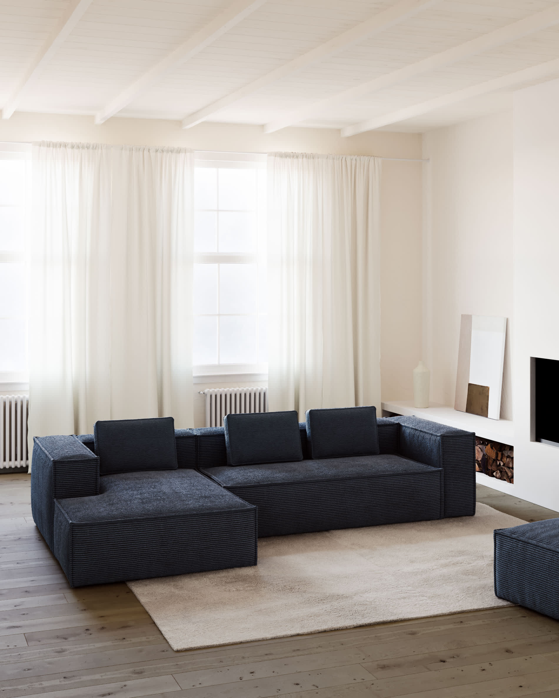 Blok fire-retardant 3-seater sofa with left chaise longue in thick blue corduroy 300cm FSC Mix Credit