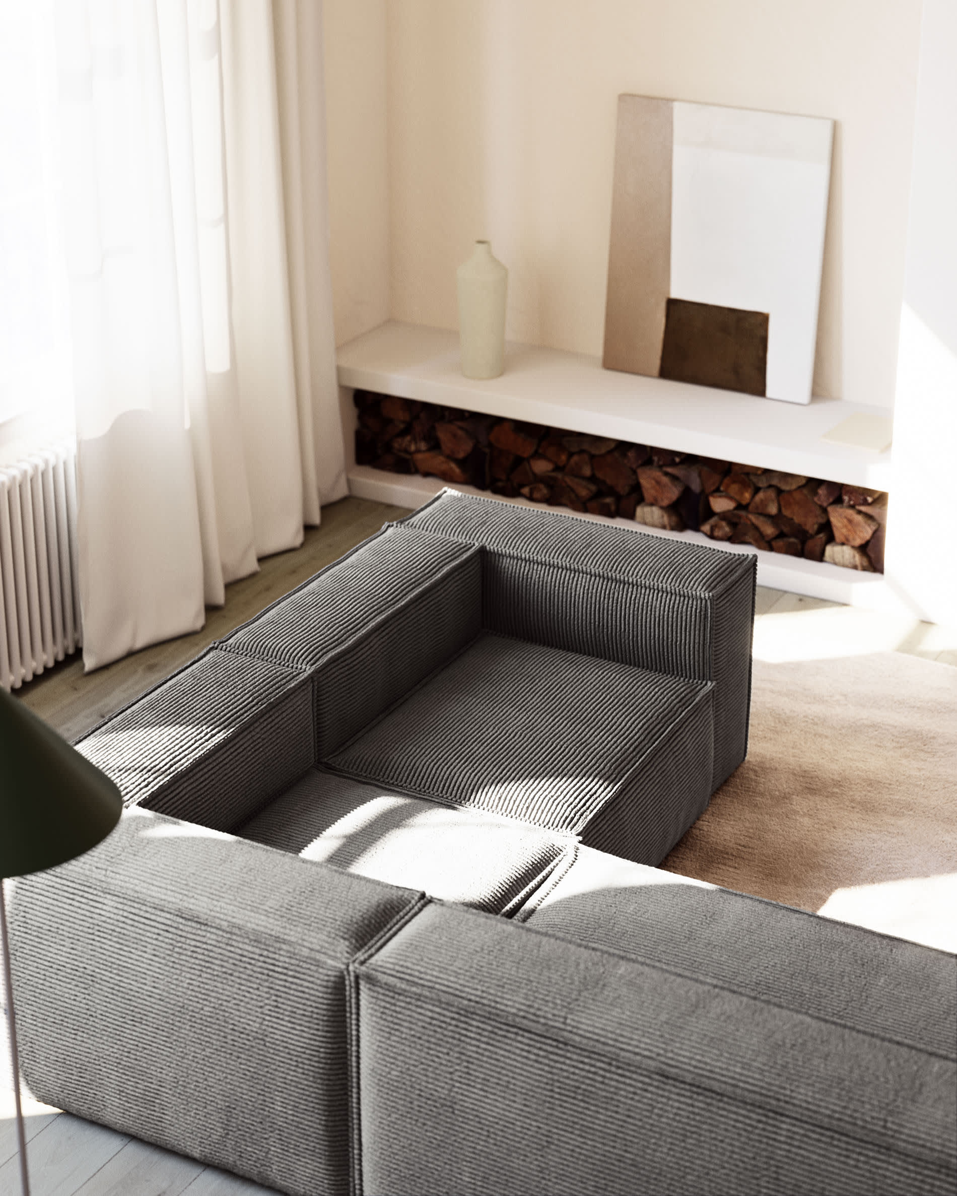 Blok fire-retardant 3-seater corner sofa in thick grey corduroy 290 x 230cm/230 x 290cm FSC Mix Credit