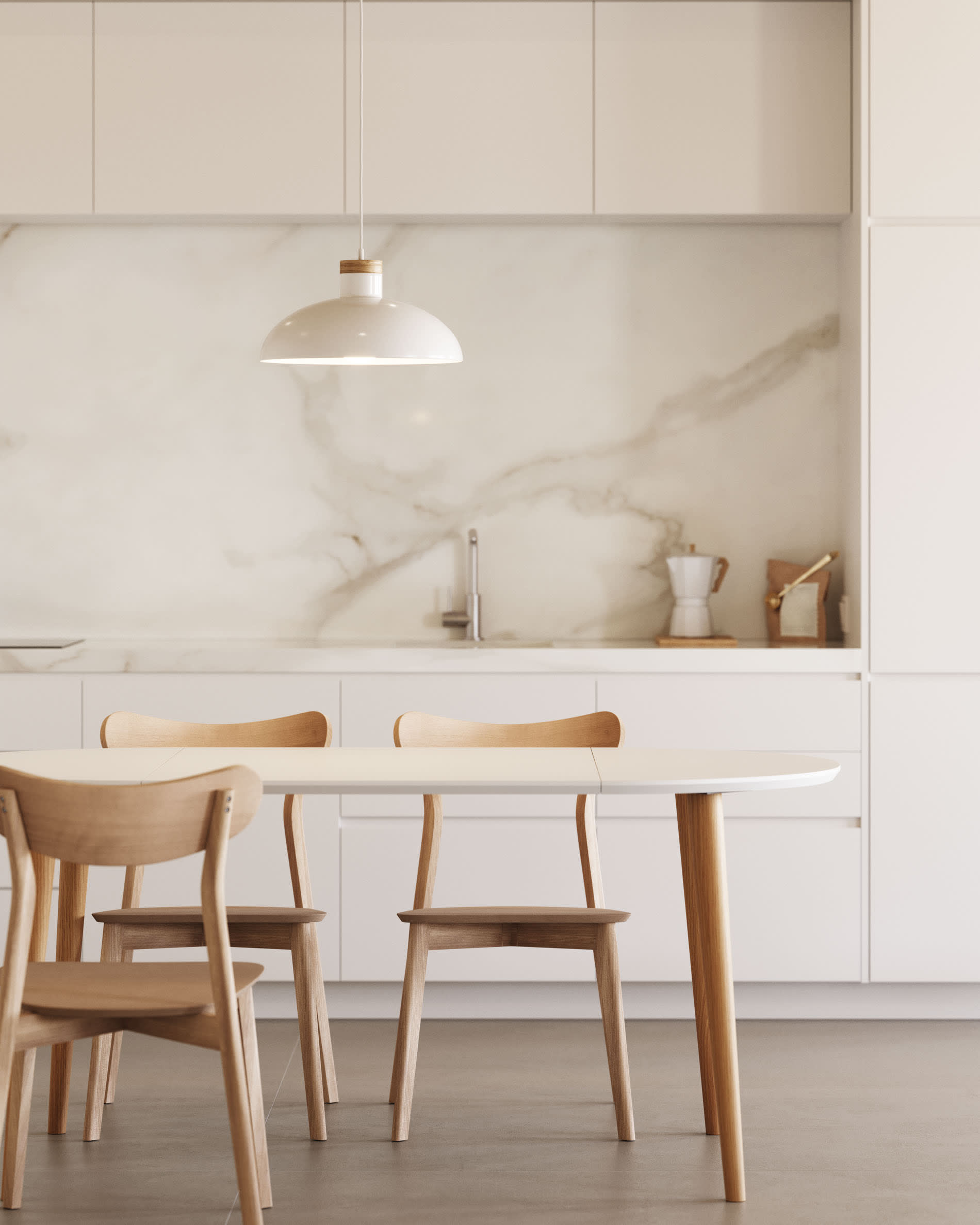 Oqui extendable round table in MDF with white lacquer and solid beech wood legs, 90 (170) x 90 cm