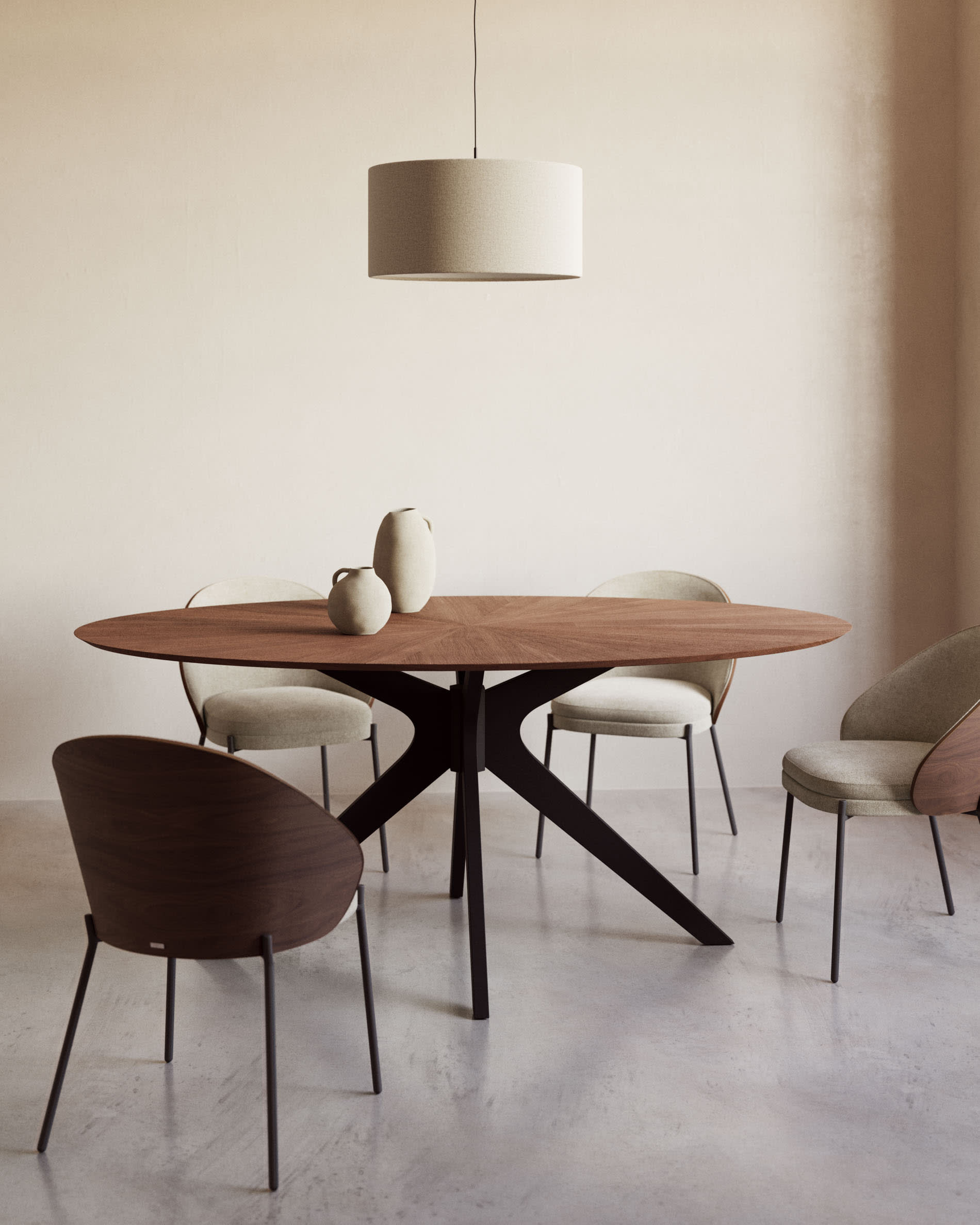 Eamy chair in light brown chenille with ash veneer in walnut finish and black metal