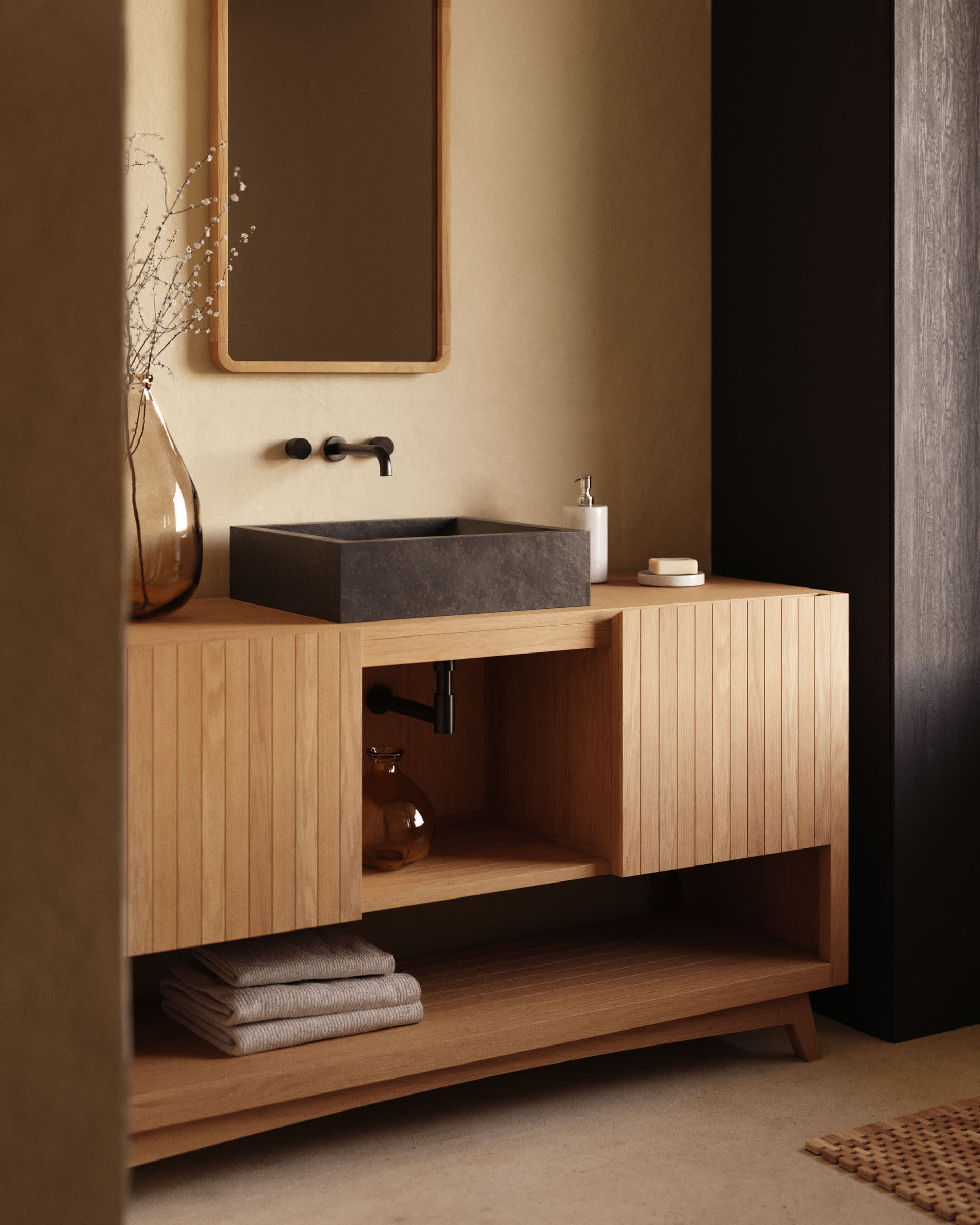 Kuveni bathroom furniture in solid teak wood with a natural finish, 140 x 50 cm