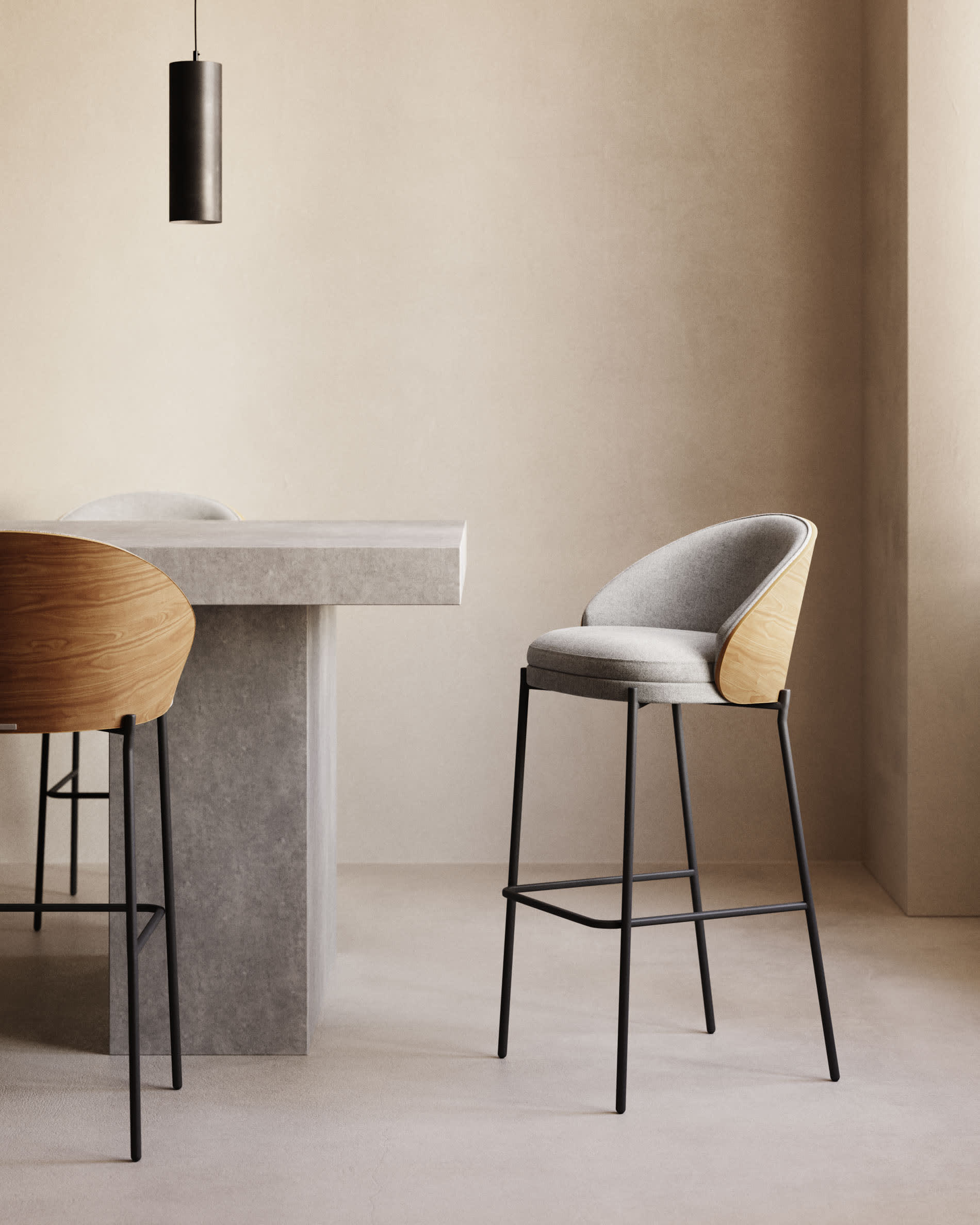 Eamy stool light grey chenille and ash wood veneer with a natural finish and black metal, 77 cm