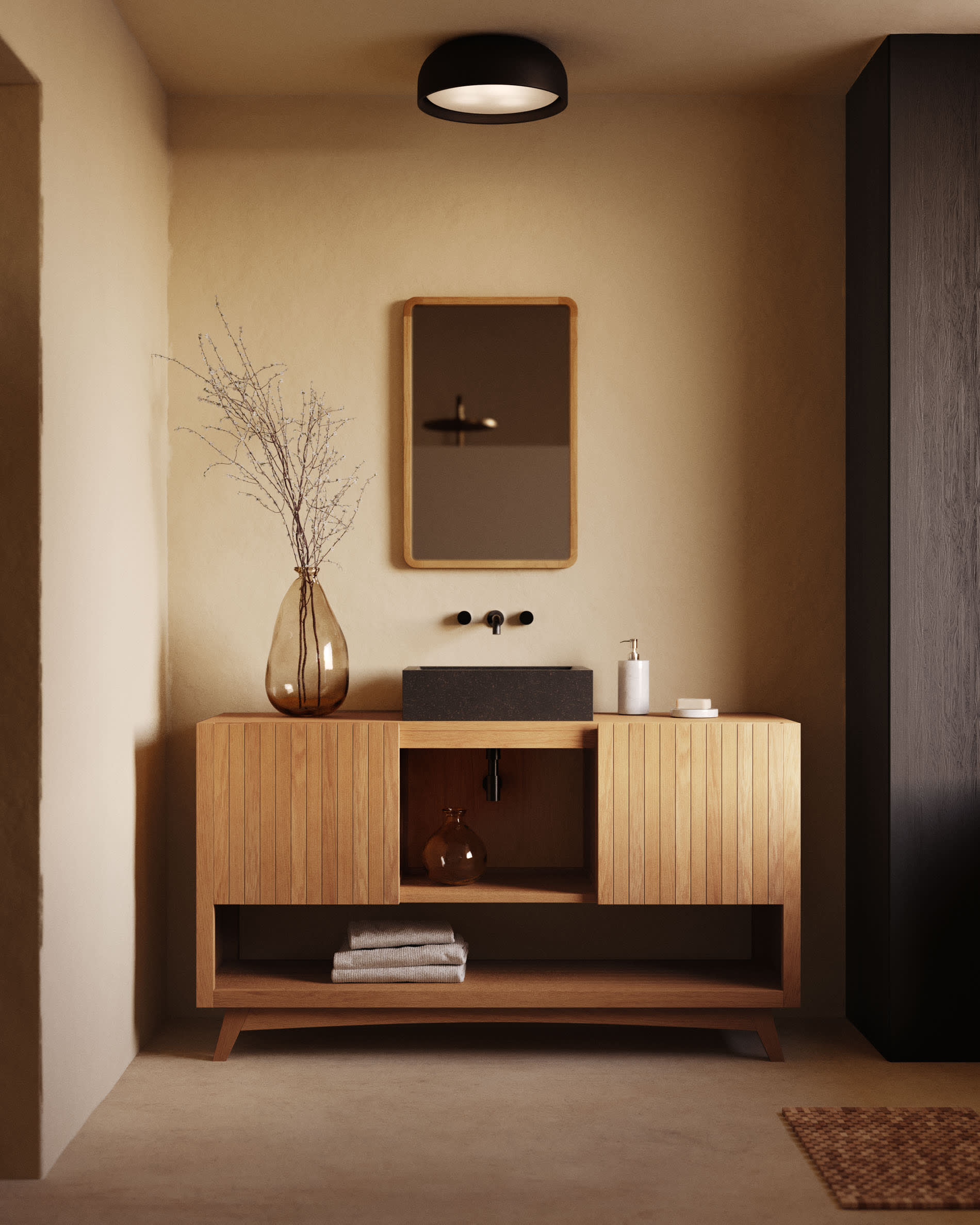 Kuveni bathroom furniture in solid teak wood with a natural finish, 140 x 50 cm