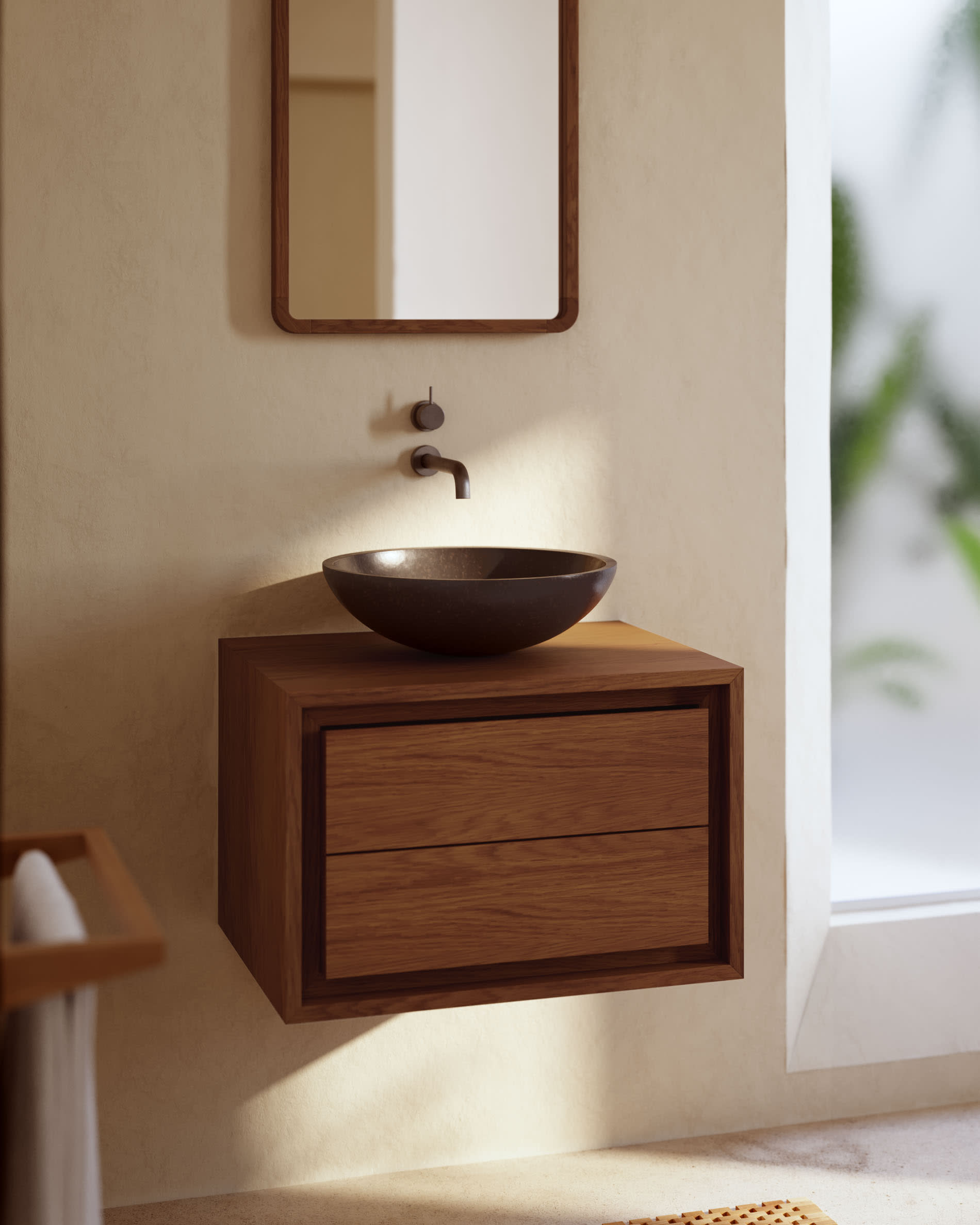 Kenta bathroom furniture in solid teak wood with a walnut finish, 60 x 45 cm