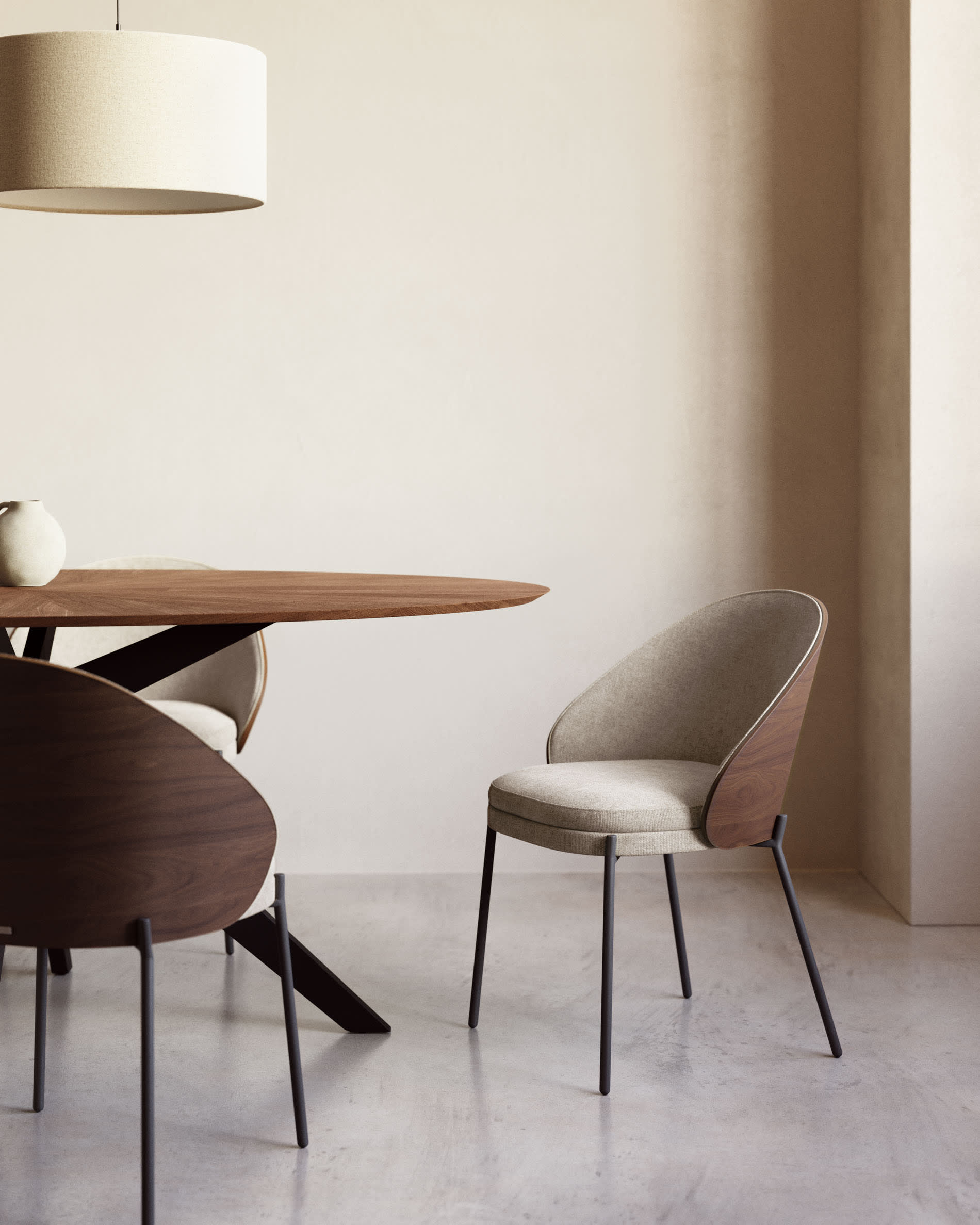 Eamy chair in light brown chenille with ash veneer in walnut finish and black metal