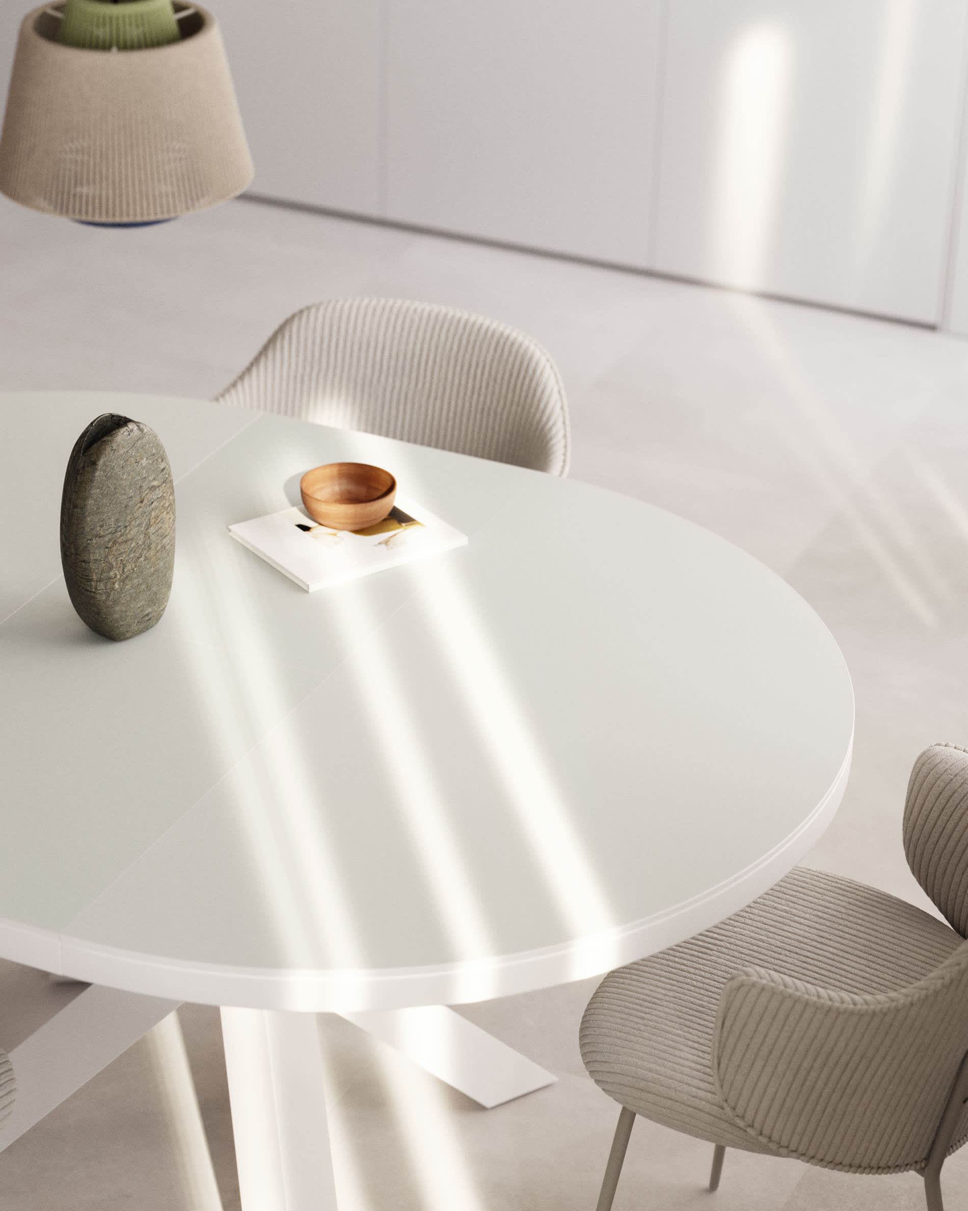 Vashti extendable round table in glass and MDF with steel legs in white, Ø 120(160)x120cm