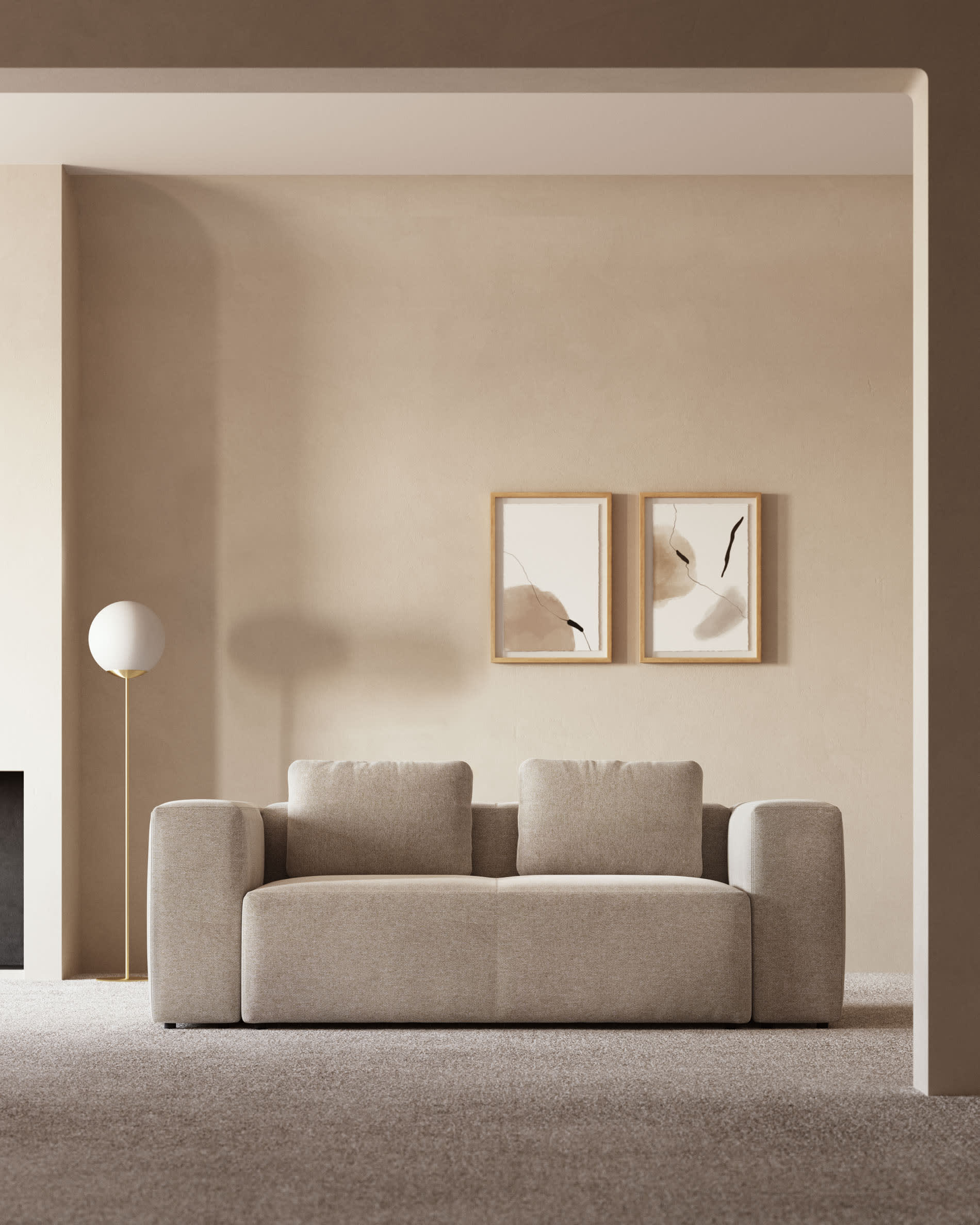 Blok fire-retardant 2-seater sofa in beige chenille 210cm