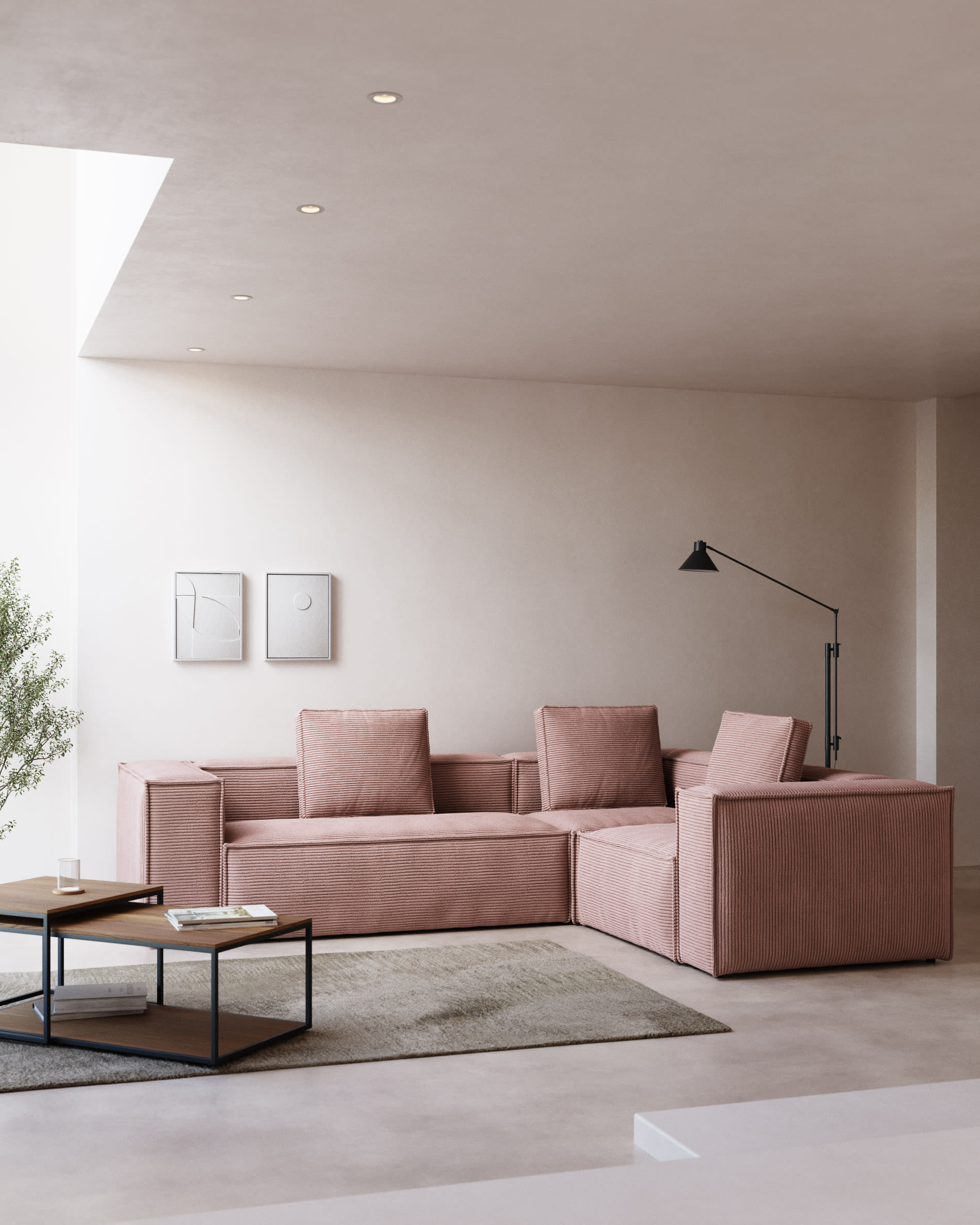 Blok 3 seater corner sofa in pink wide seam corduroy, 290 x 230 cm / 230 cm 290 cm FR