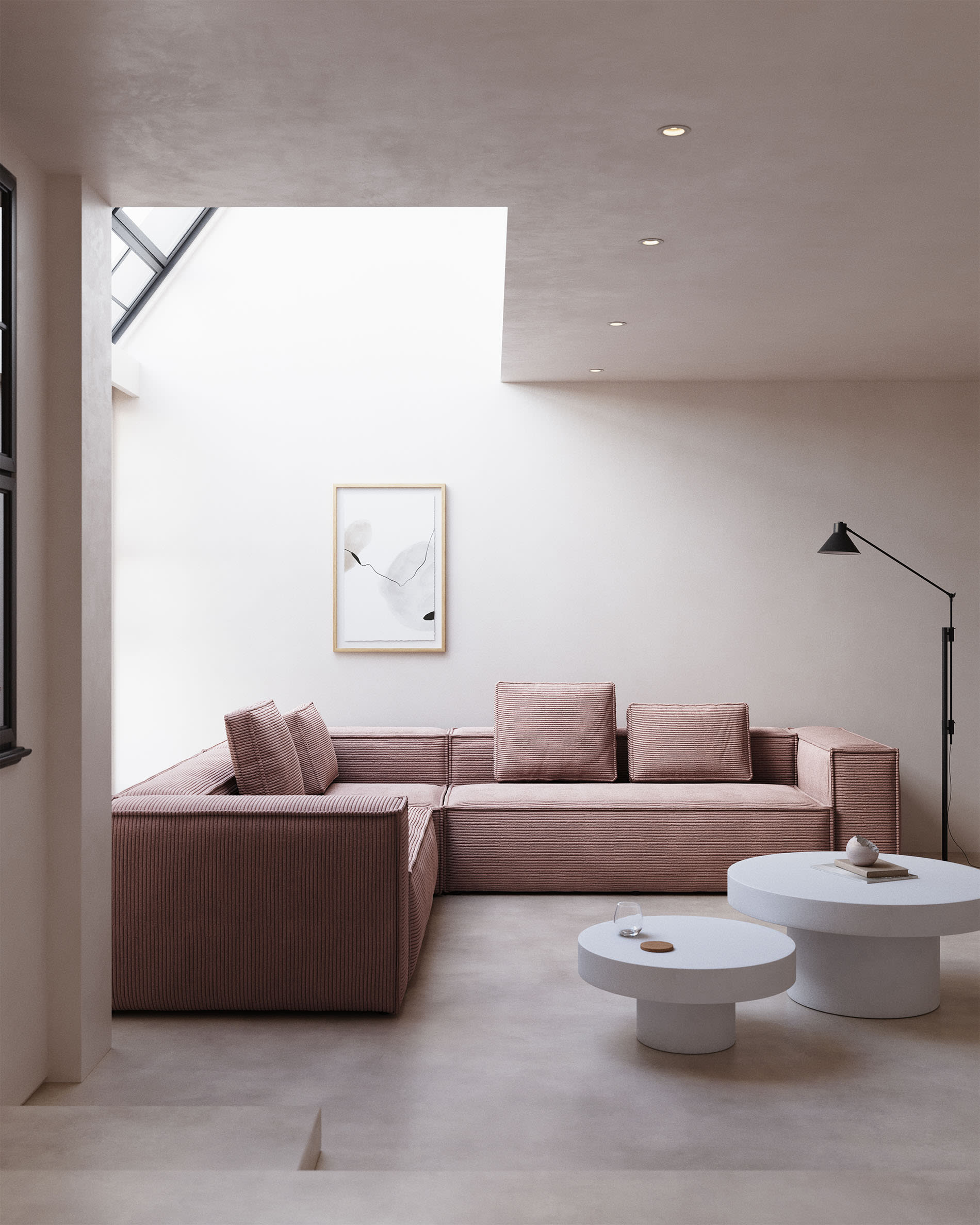 Blok 5 seater corner sofa in pink wide seam corduroy, 320 x 290 cm / 290 x 320 cm FR