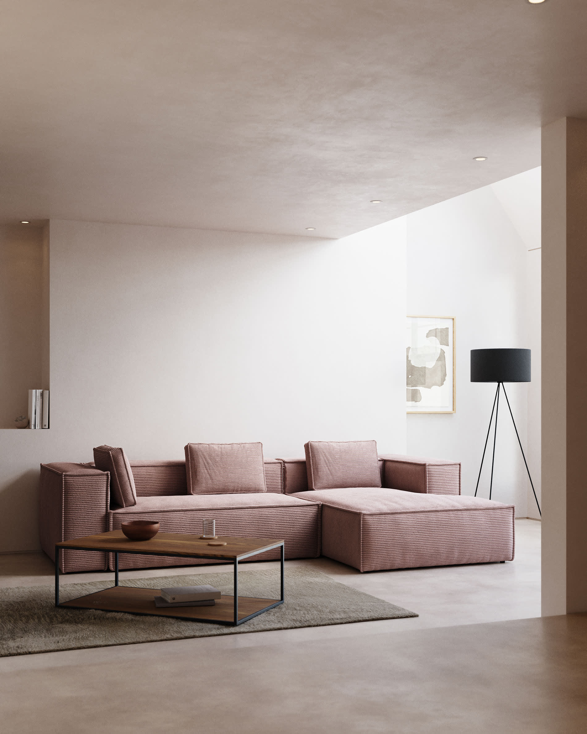 Blok 3 seater sofa with right side chaise longue in pink corduroy, 300 cm