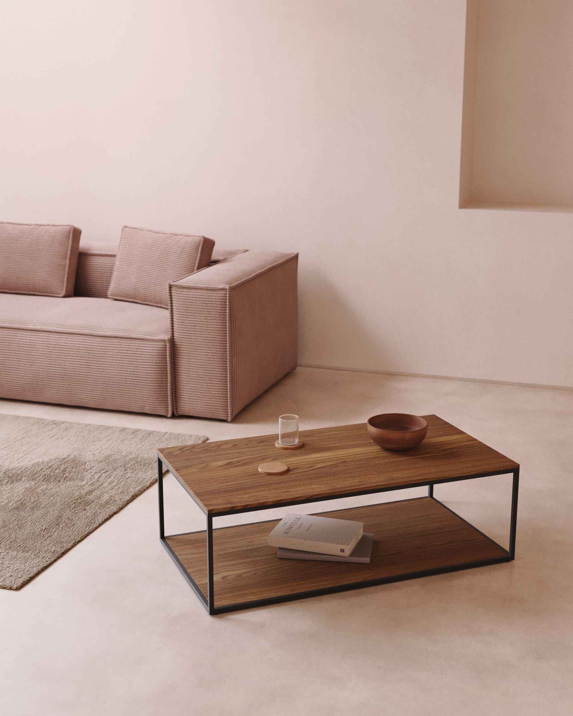 Yoana coffee table with walnut veneer and painted black metal structure, 110 x 60 cm