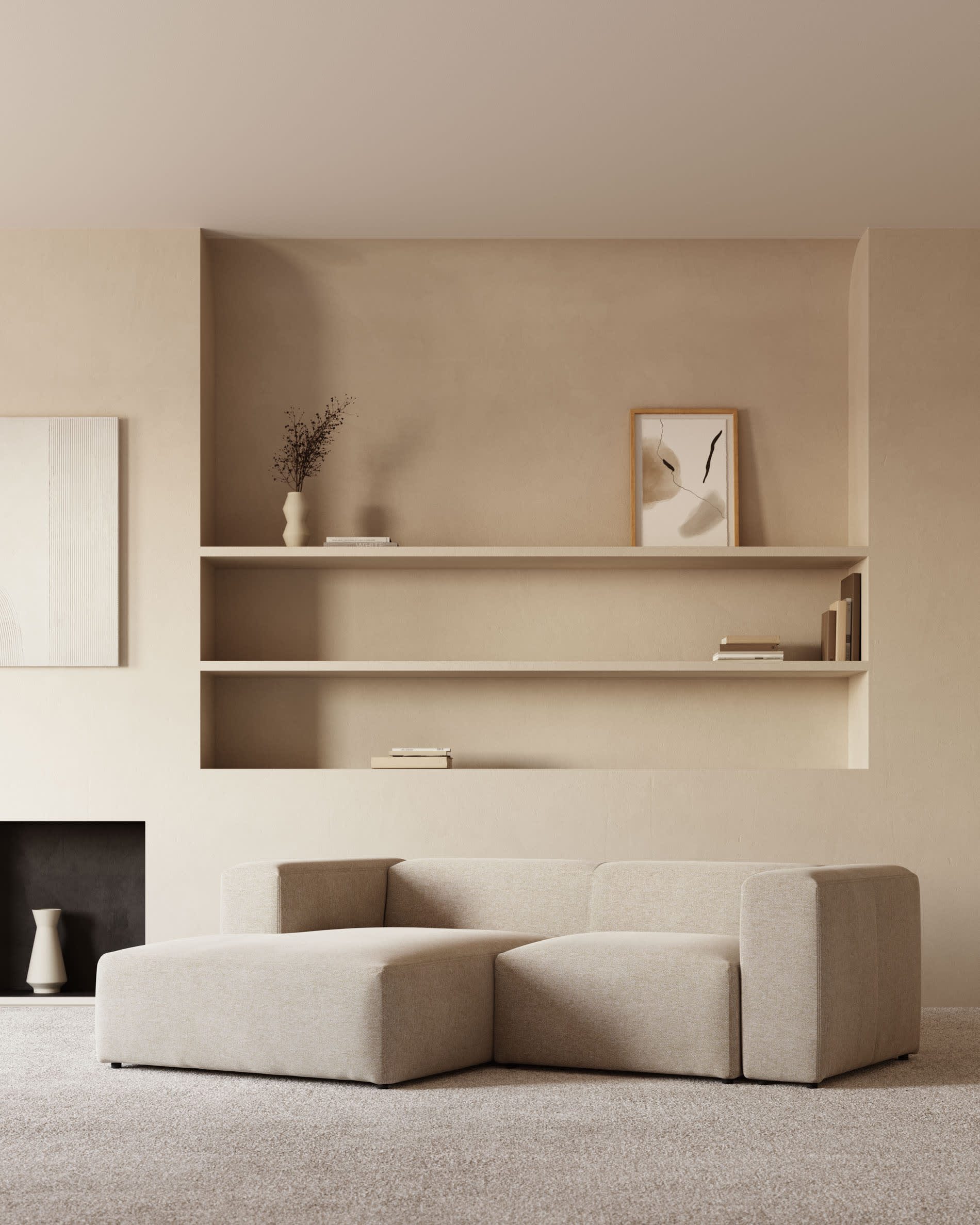 Blok fire-retardant 2-seater sofa with left chaise longue in beige chenille 240cm