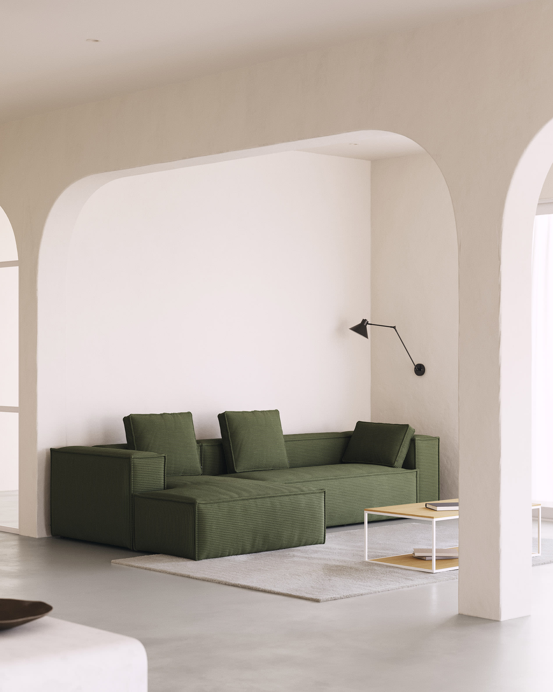 Blok fire-retardant 4-seater sofa with left chaise longue in thick green corduroy 330cm FSC Mix Credit