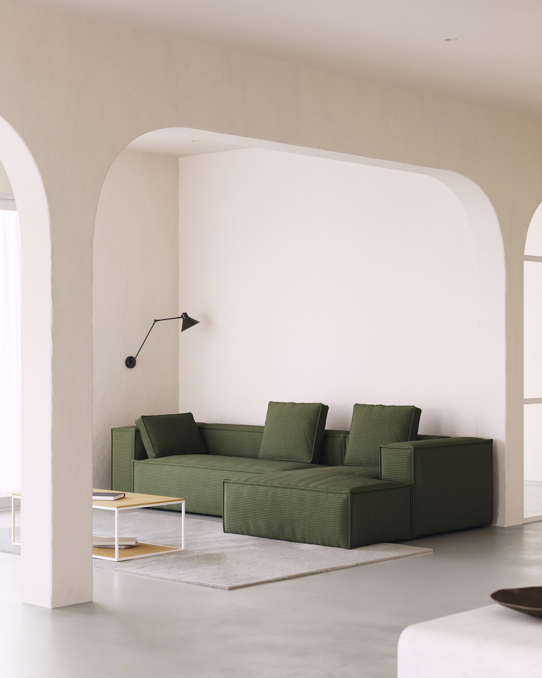 Blok 3-seater right chaise longue sofa in green thick corduroy 300cm FSC Mix Credit
