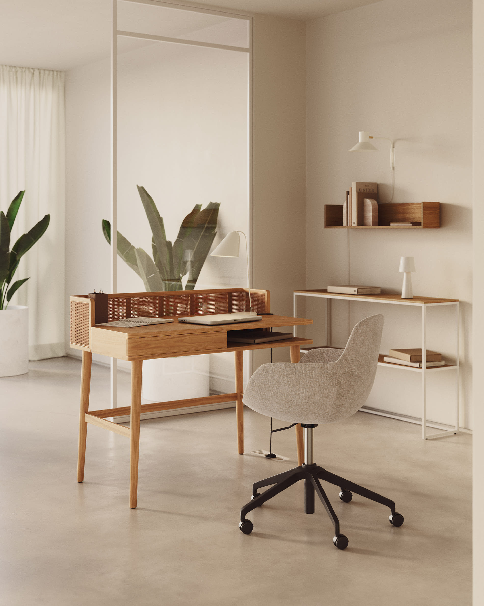 Araxi table in veneer, solid ash wood and rattan 105 x 62 cm